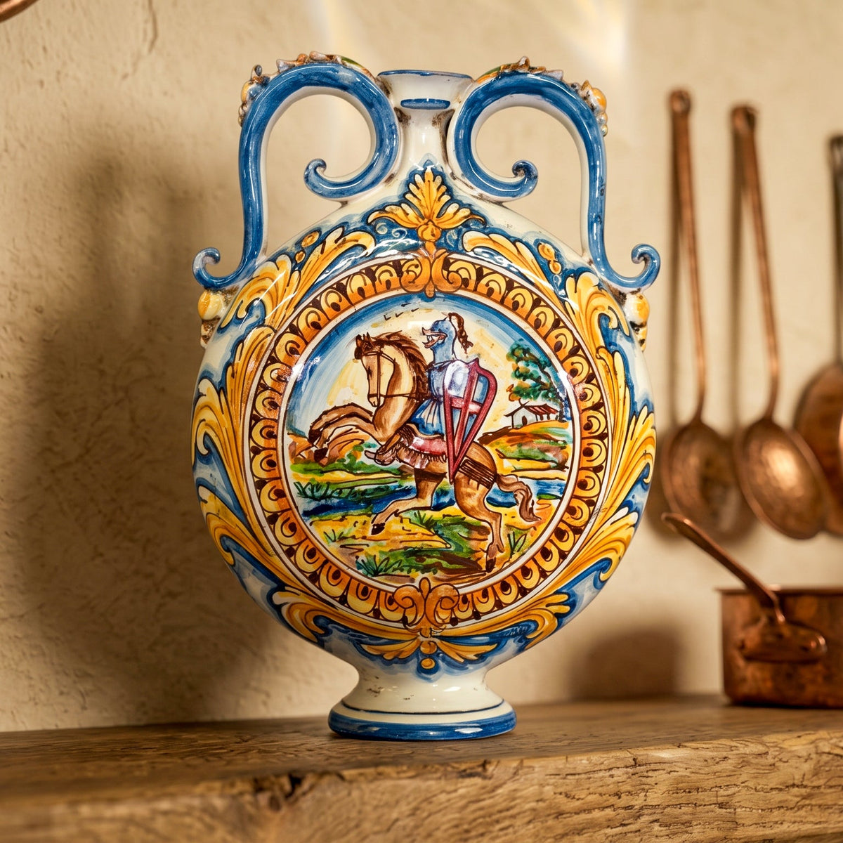 Sicilian Ring Fiasca Flask 23×32 cm / 9×12½", with Knight, Antique Reproductions – Sicilian majolica handcrafted in Caltagirone