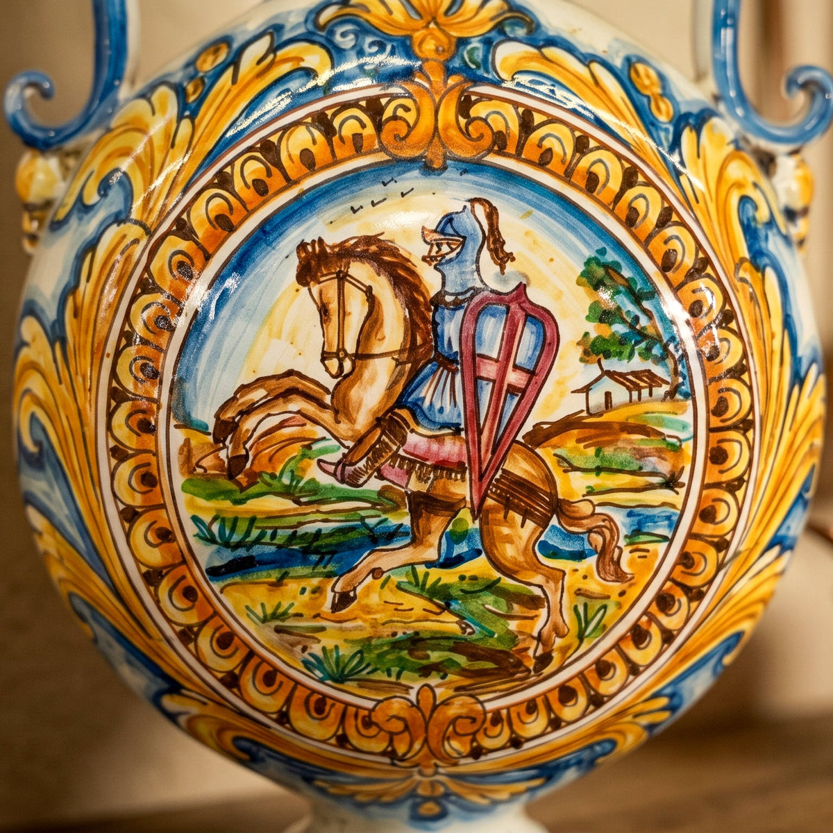 Sicilian Ring Fiasca Flask 23×32 cm / 9×12½", with Knight, Antique Reproductions – Sicilian majolica handcrafted in Caltagirone