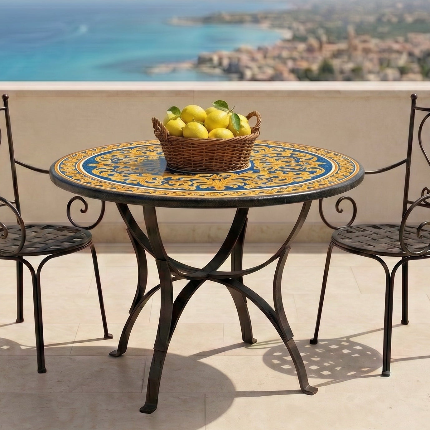 Sicilian Lava Stone Table, Blue Background – Italian ceramic from Caltagirone, Sicily
