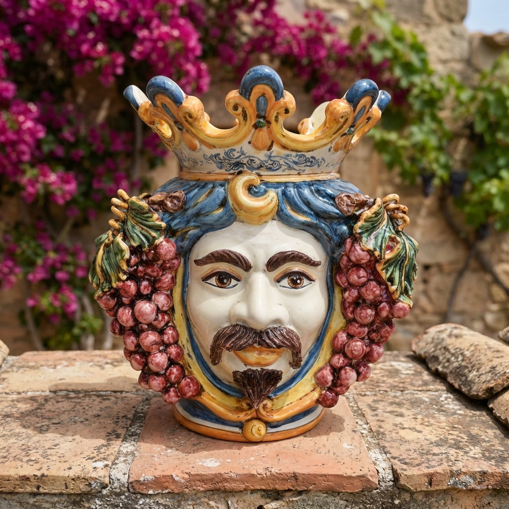 Ceramic Head with grapes h 40 blue/orange male
