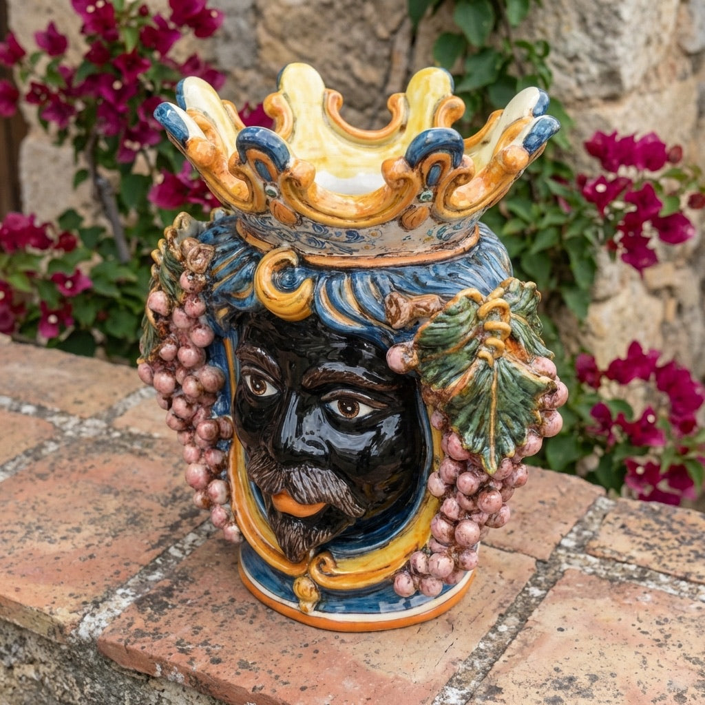 Ceramic Head with grapes h 40 blue/orange male