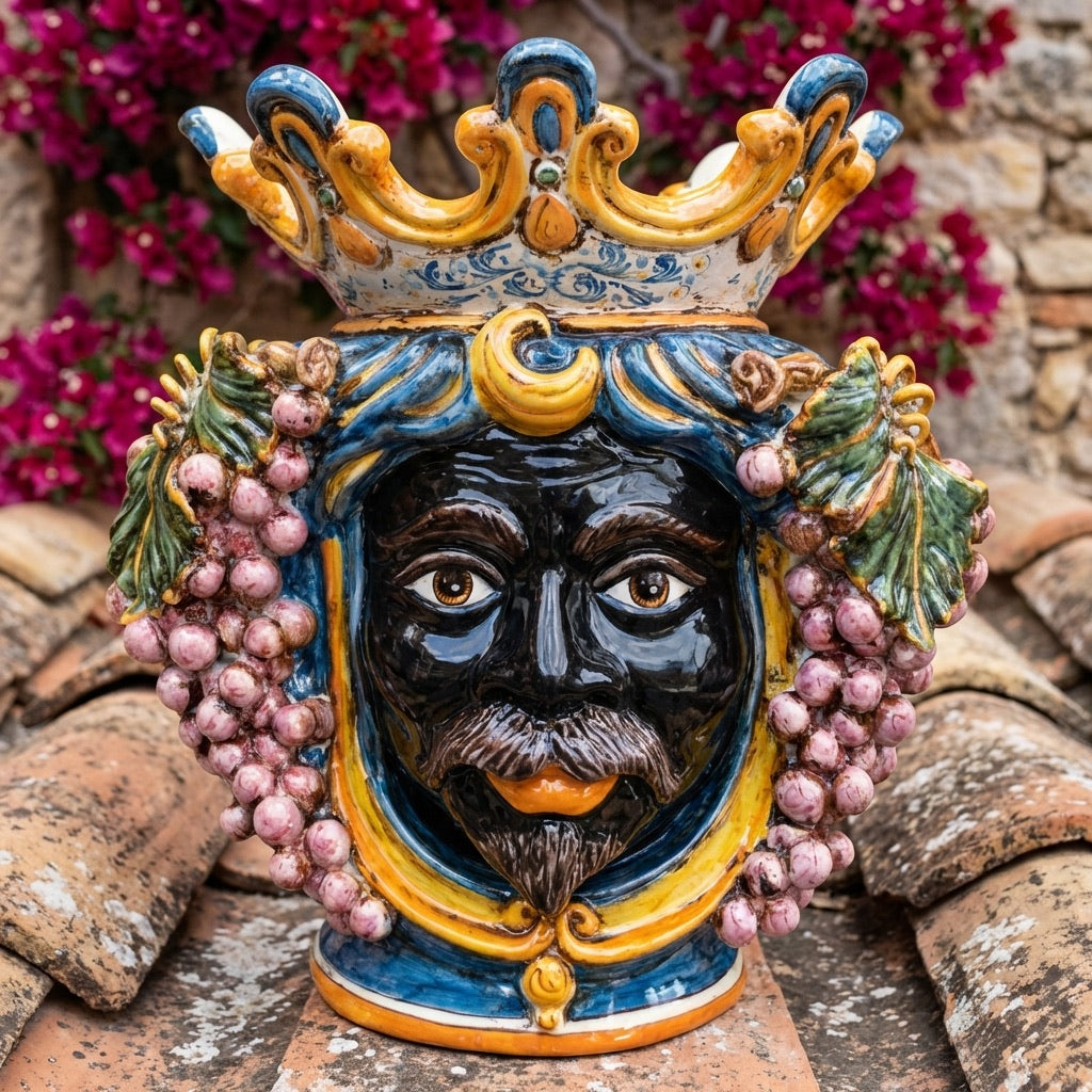 Ceramic Head with grapes h 40 blue/orange male