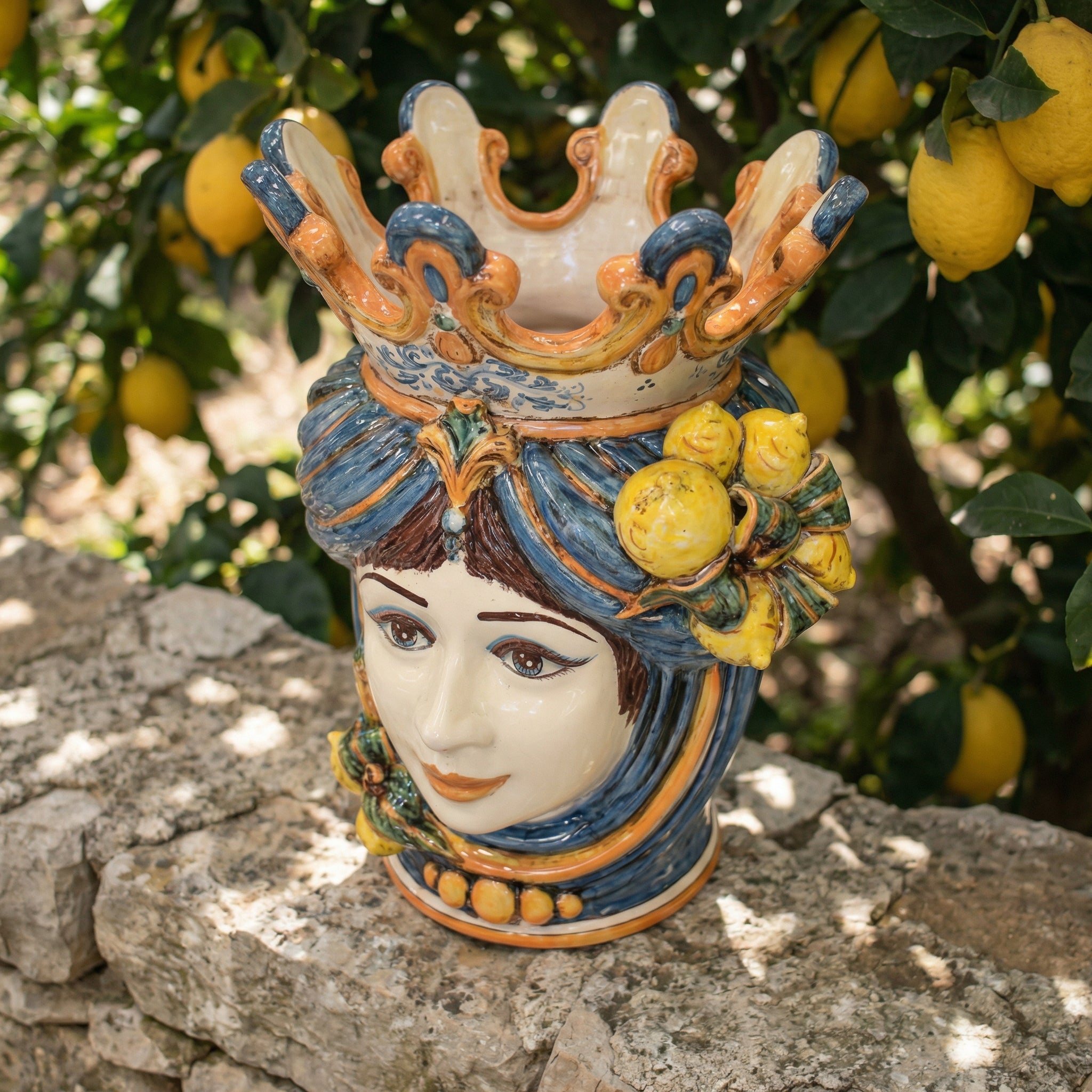Caltagirone Moor's Head Vase h 40 cm — Female, Sicilian Lemons, Blue and Orange | Ceramica Caltagirone