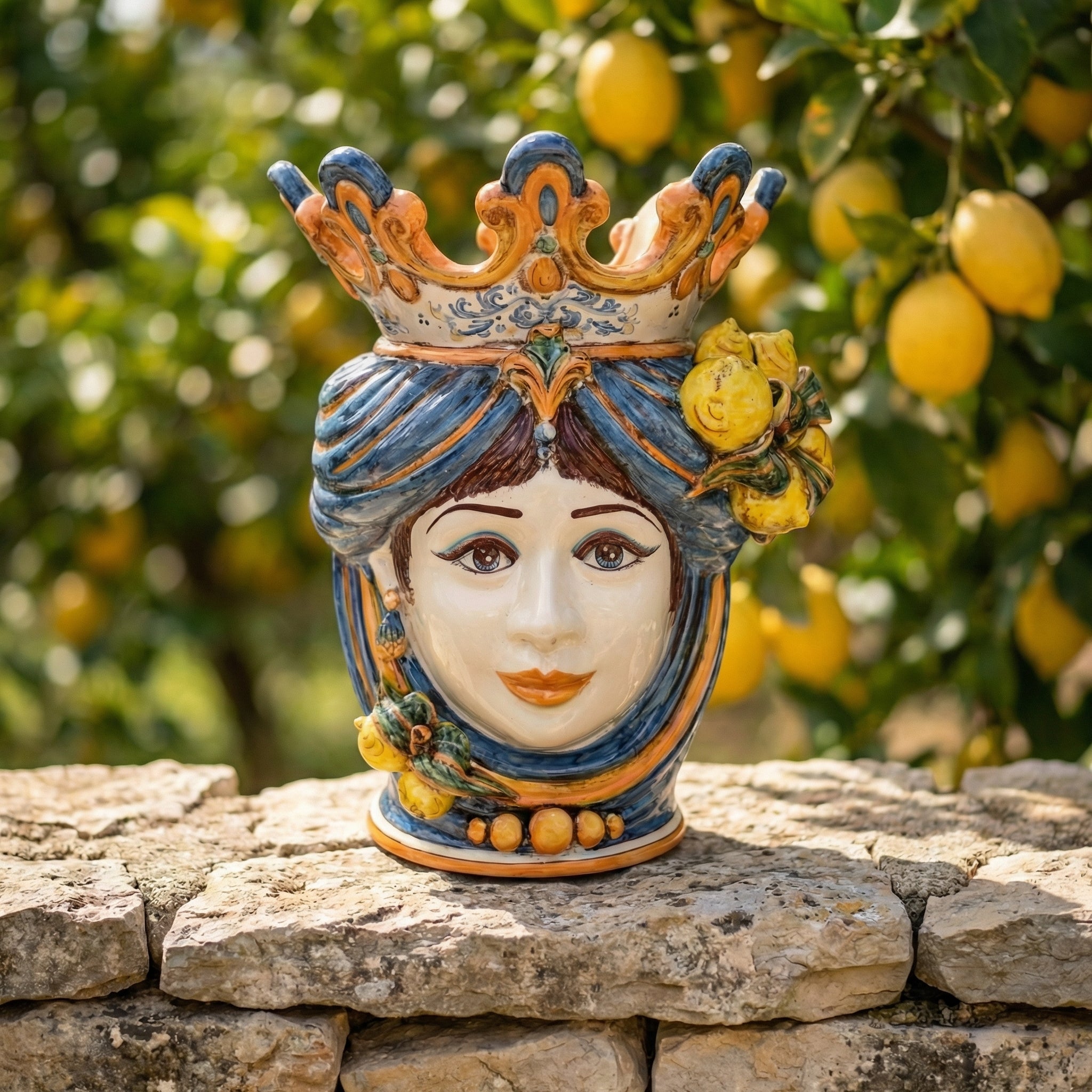 Ceramic Head with lemons h 40 blu/orange male