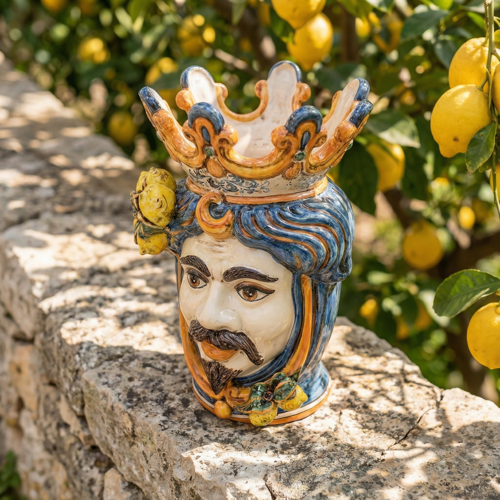 Moor's Head Vase with Lemons H 40 cm / 15.7", White Man, Blue and Orange – Testa di Moro from Caltagirone, Sicily