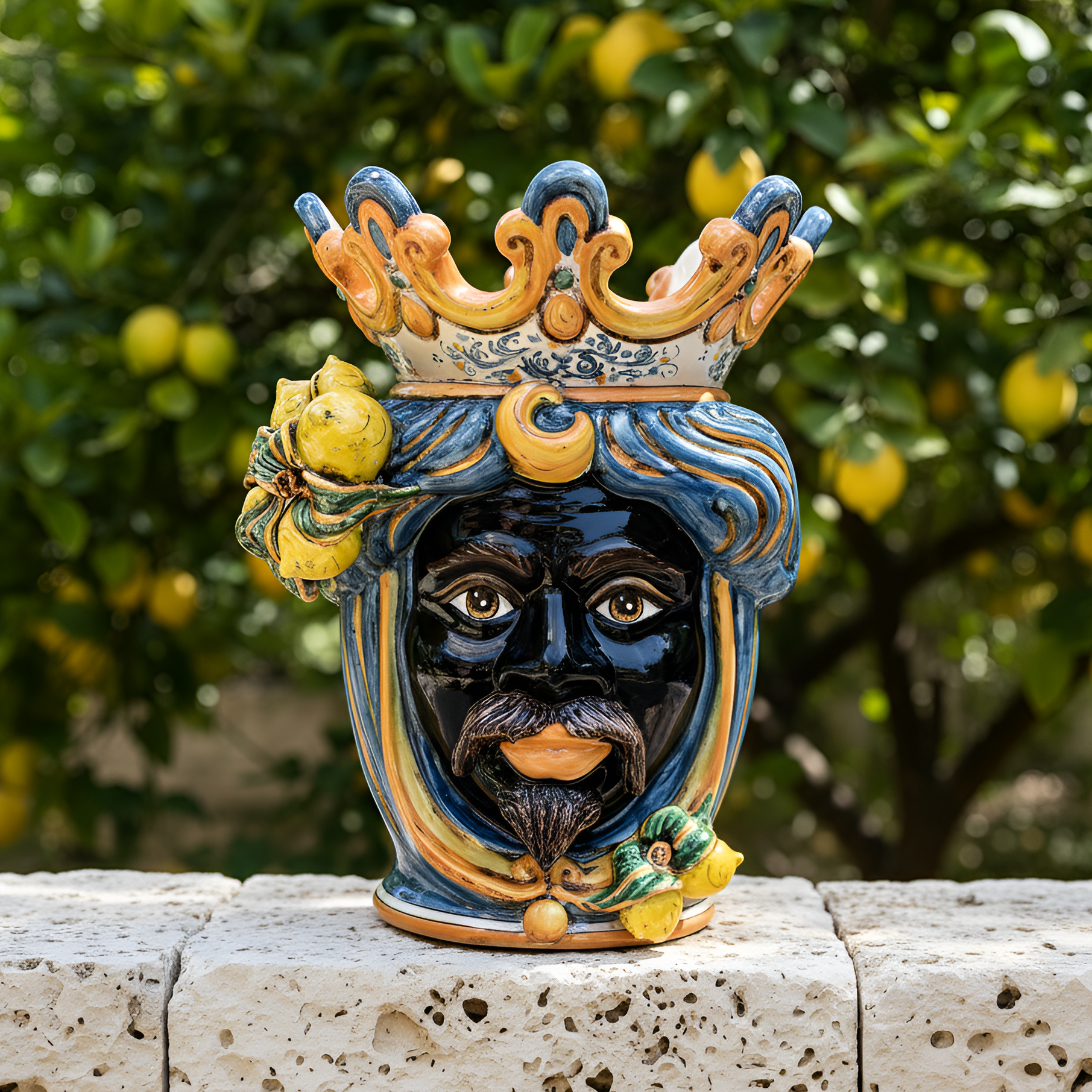Ceramic Head with lemons h 40 blu/orange male