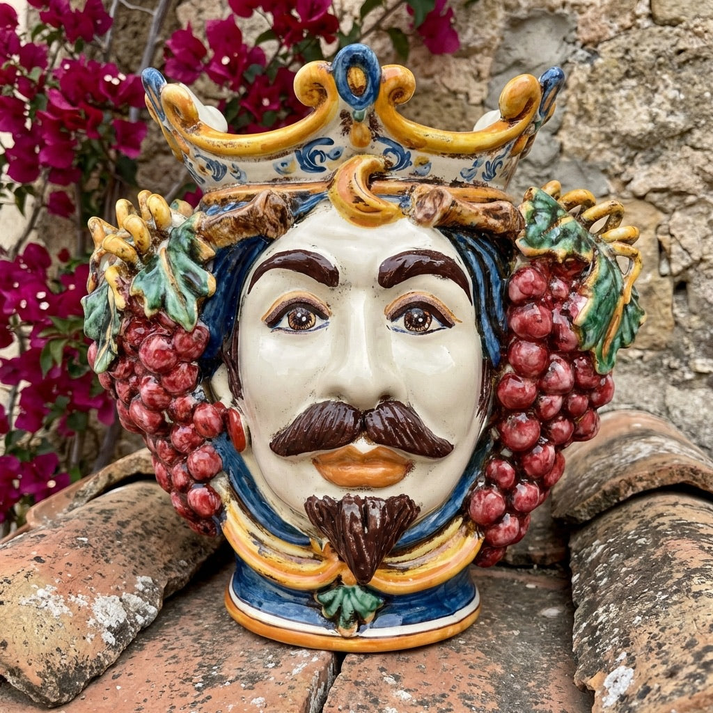 Sicilian Moor's Head with Grapes H 25 cm / 9.8", White Man, Blue and Orange – Testa di Moro from Caltagirone, Sicily