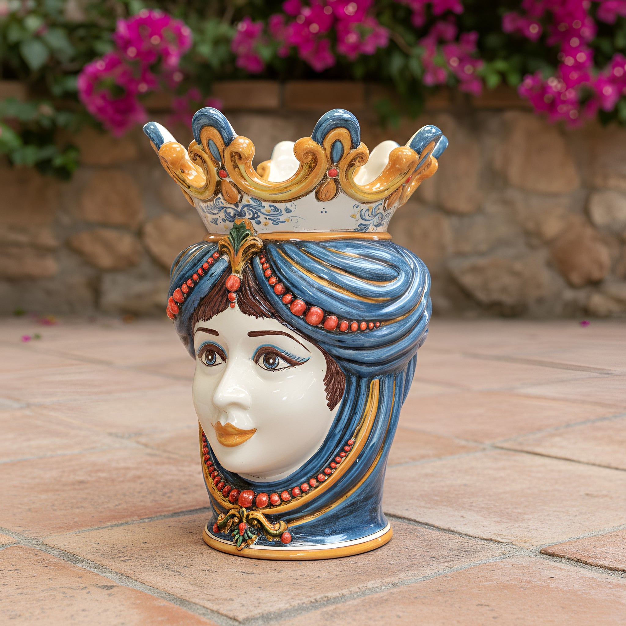 Caltagirone Moor's Head Vase h 40 cm — Female, Decoro Sicily, with Beads | Ceramica Caltagirone