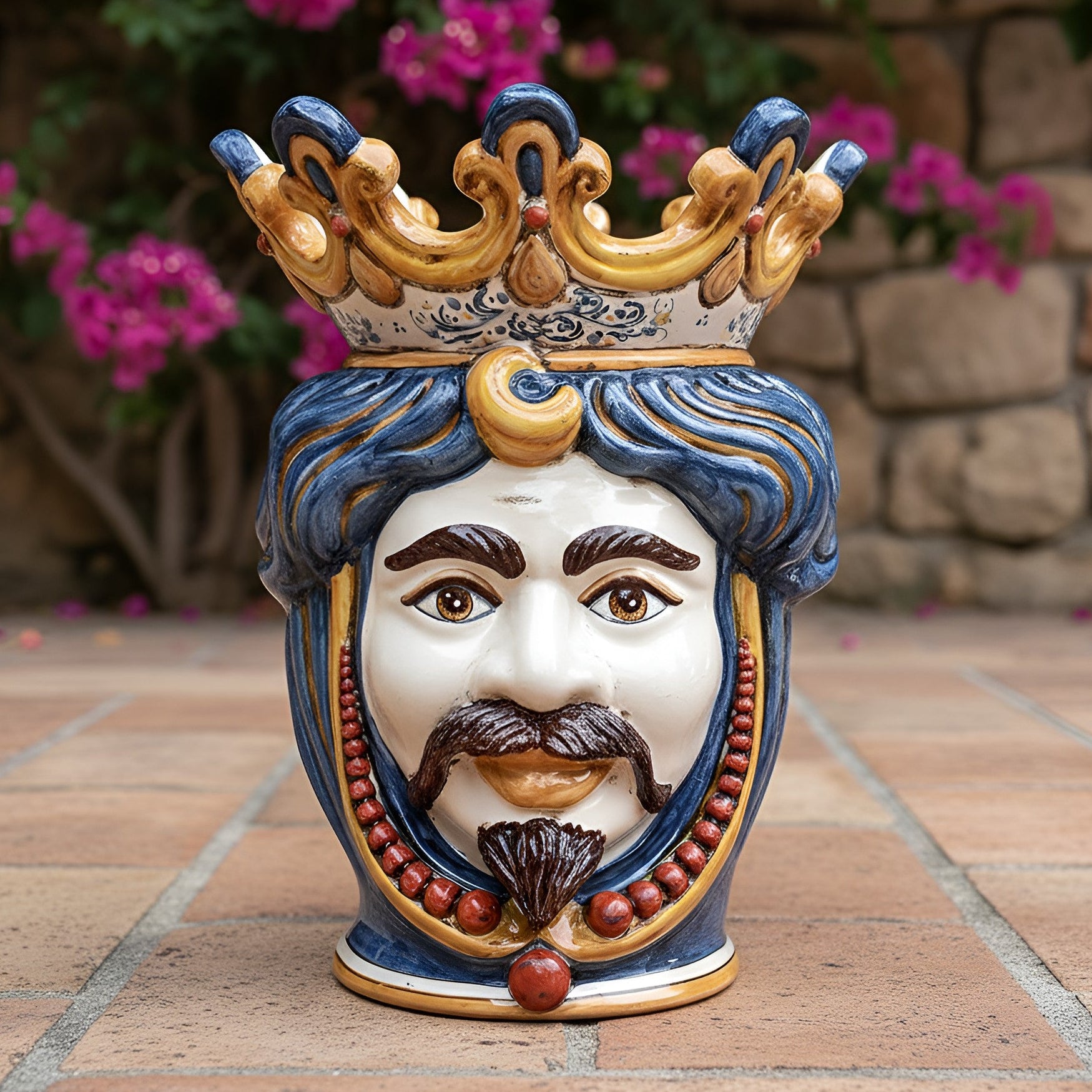 Caltagirone Moor's Head Vase h 40 cm — White Male, Decoro Sicily, with Beads | Ceramica Caltagirone