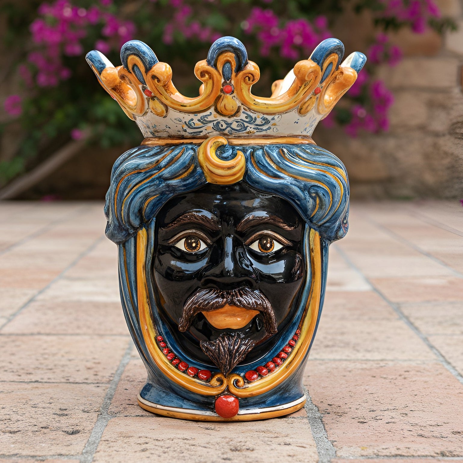 Caltagirone Moor's Head Vase h 40 cm — Moro Male, Decoro Sicily, with Beads | Ceramica Caltagirone