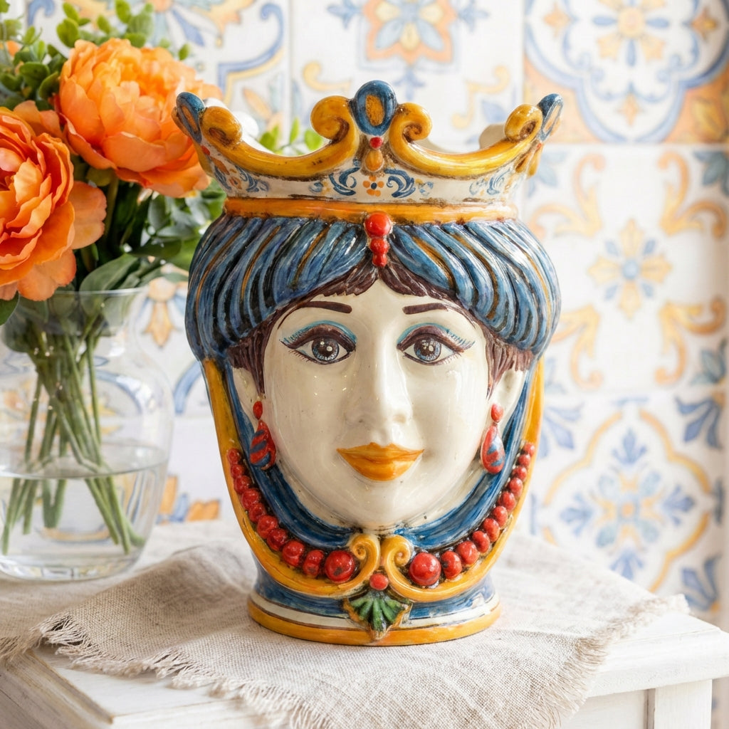 Caltagirone Moor's Head Vase h 25 cm — Female, Decoro Sicily, with Beads | Ceramica Caltagirone