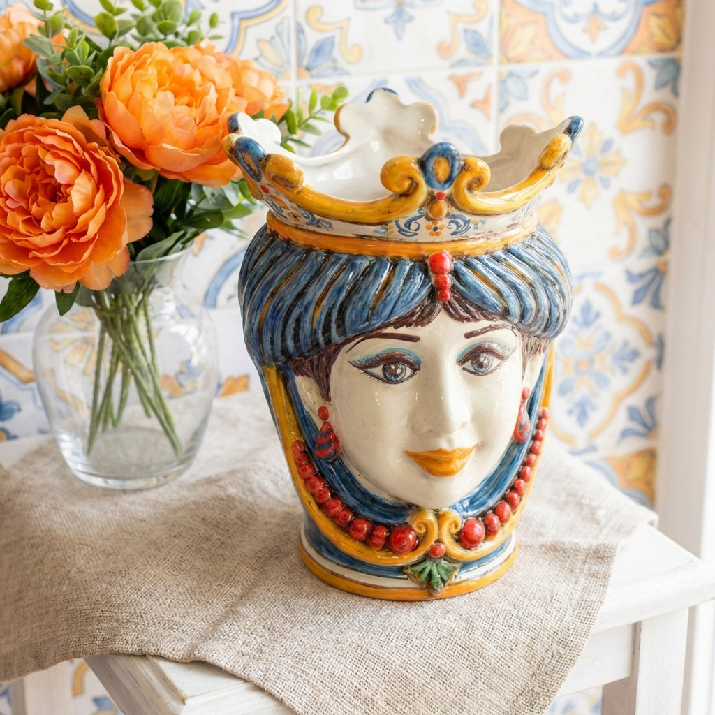 Caltagirone Moor's Head Vase h 25 cm — Female, Decoro Sicily, with Beads | Ceramica Caltagirone