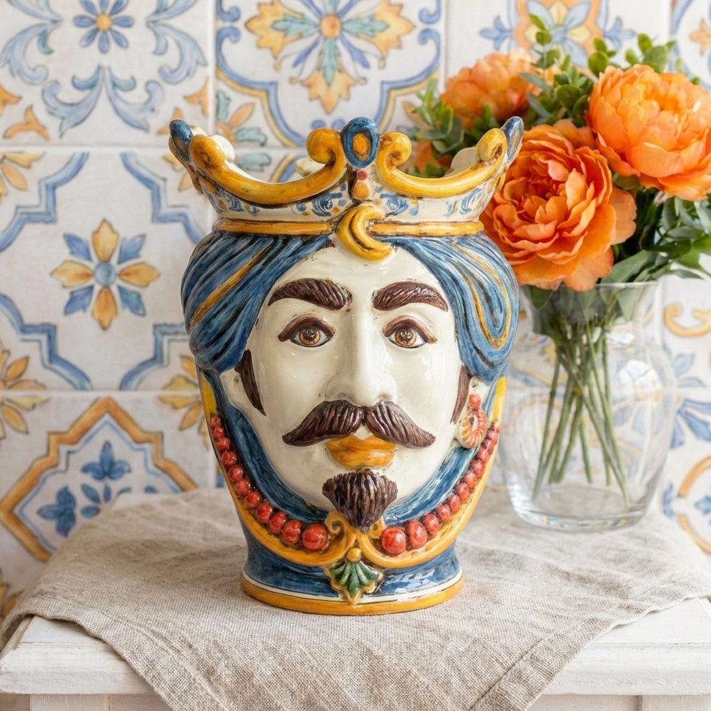Sicilian Head Vase with Beads H 25 cm / 9.8", White Man, Decoro Sicily – Testa di Moro from Caltagirone, Sicily