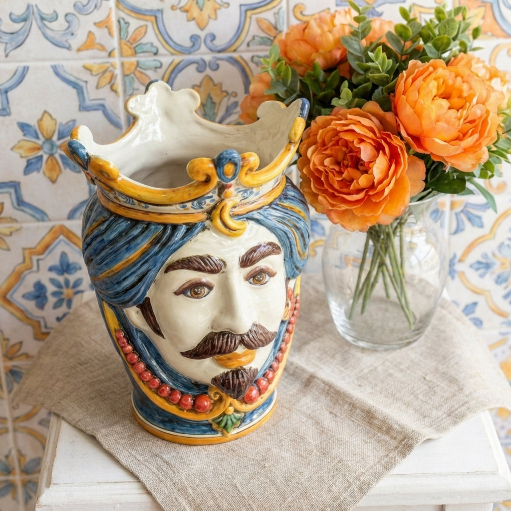 Sicilian Head Vase with Beads H 25 cm / 9.8", White Man, Decoro Sicily – Testa di Moro from Caltagirone, Sicily