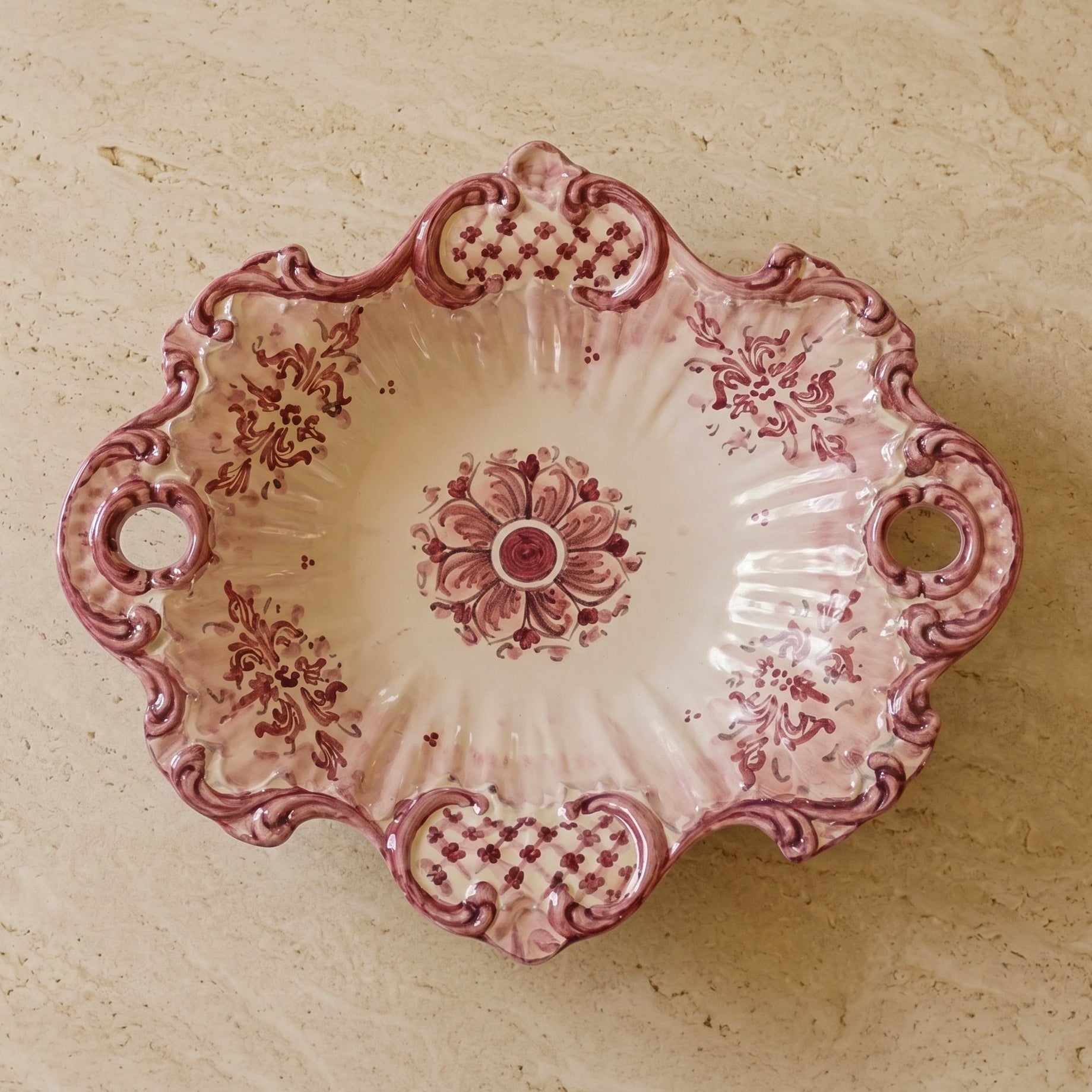 Sicilian Ceramic Centerpiece 38×33 cm / 15×13", Mono Bordeaux, Art Edition – Sicilian majolica handcrafted in Caltagirone
