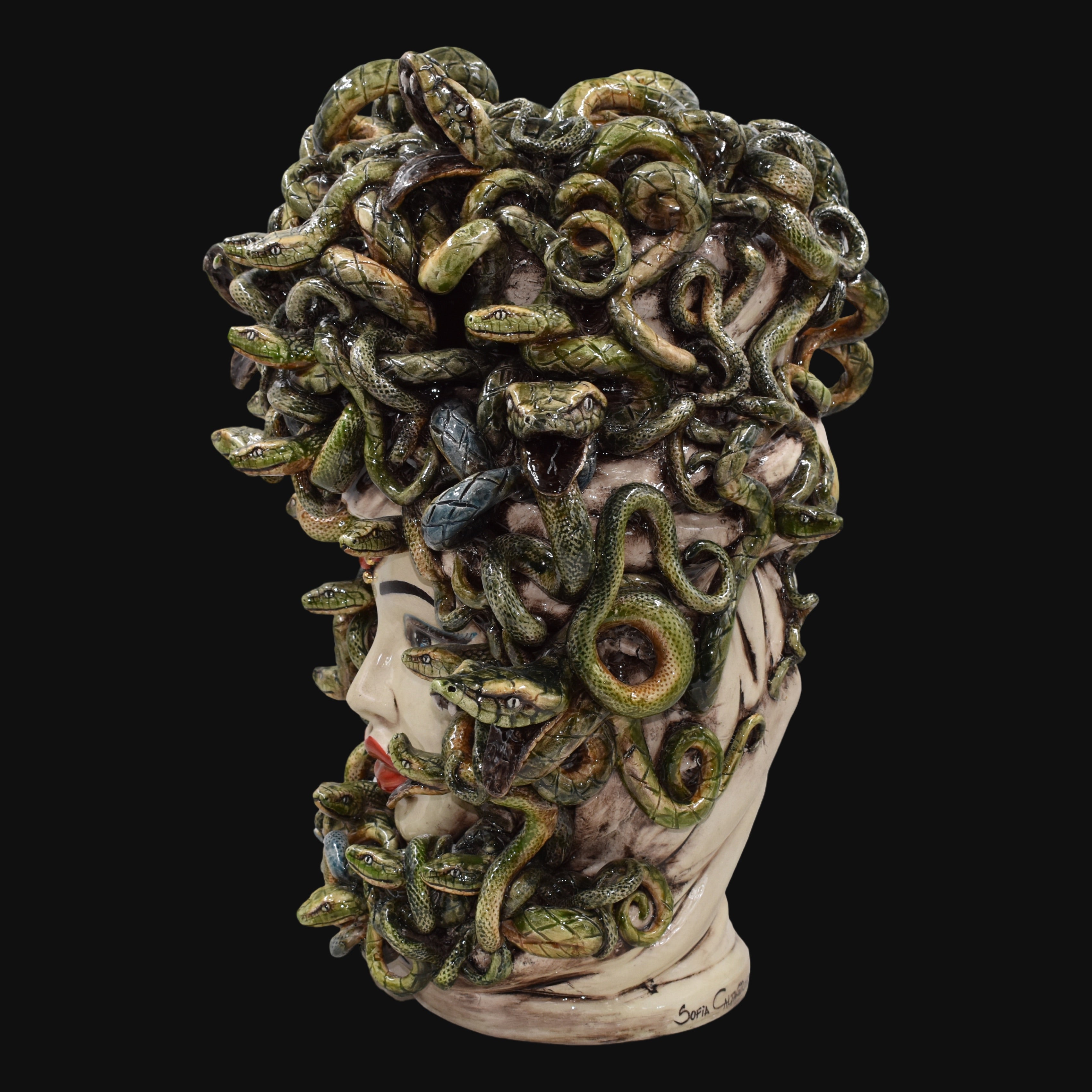 Medusa Head Vase H 48 cm / 18.9", Antique Mother of Pearl – Testa di Moro from Caltagirone, Sicily