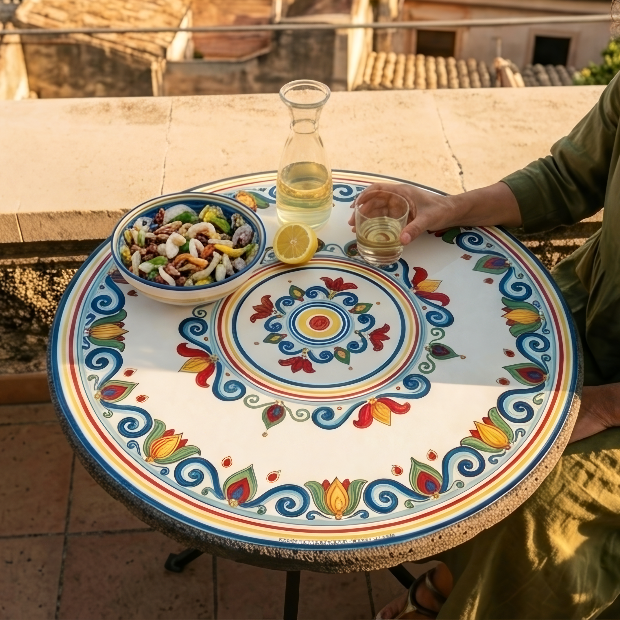 Sicilian Lava Stone Table, Decoro Sicily – Italian ceramic from Caltagirone, Sicily
