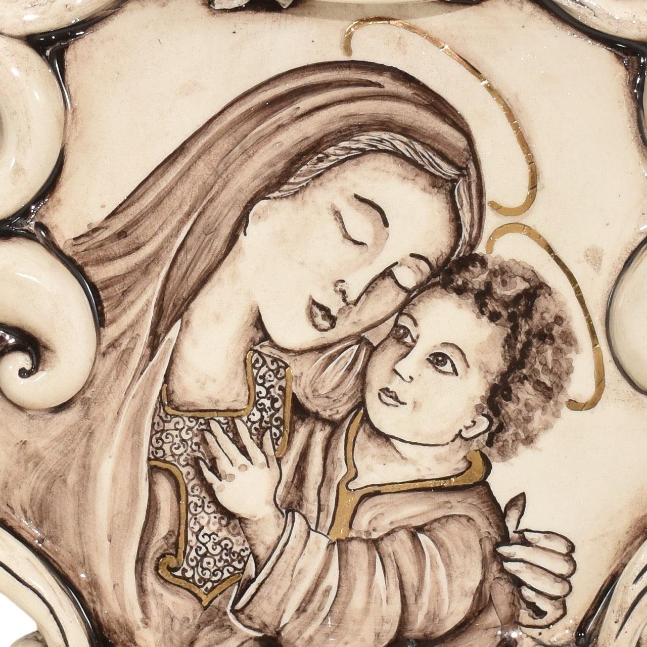 Acquasantiera grande appl 25×35 madonna maria con gesù madreperla antichizzato oro e lustri - Ceramiche di Caltagirone Sofia