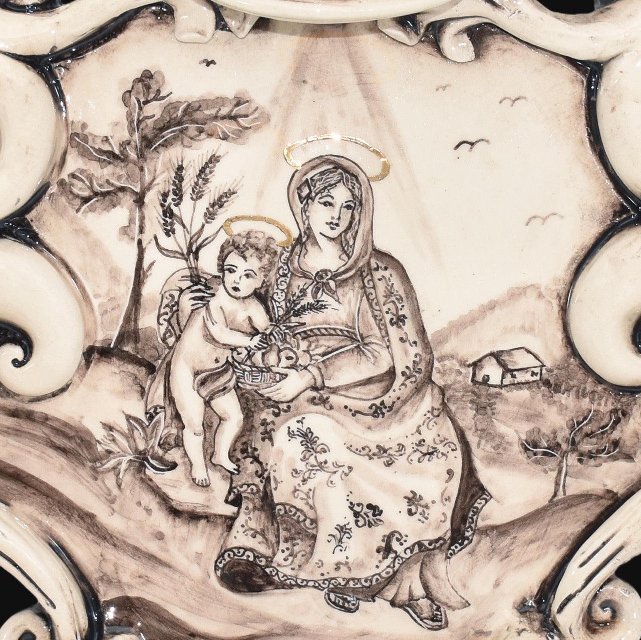 Acquasantiera grande appl 25×35 madonna valderice madreperla antichizzato oro e lustri - Serie Limitata - Ceramiche di Caltagirone Sofia