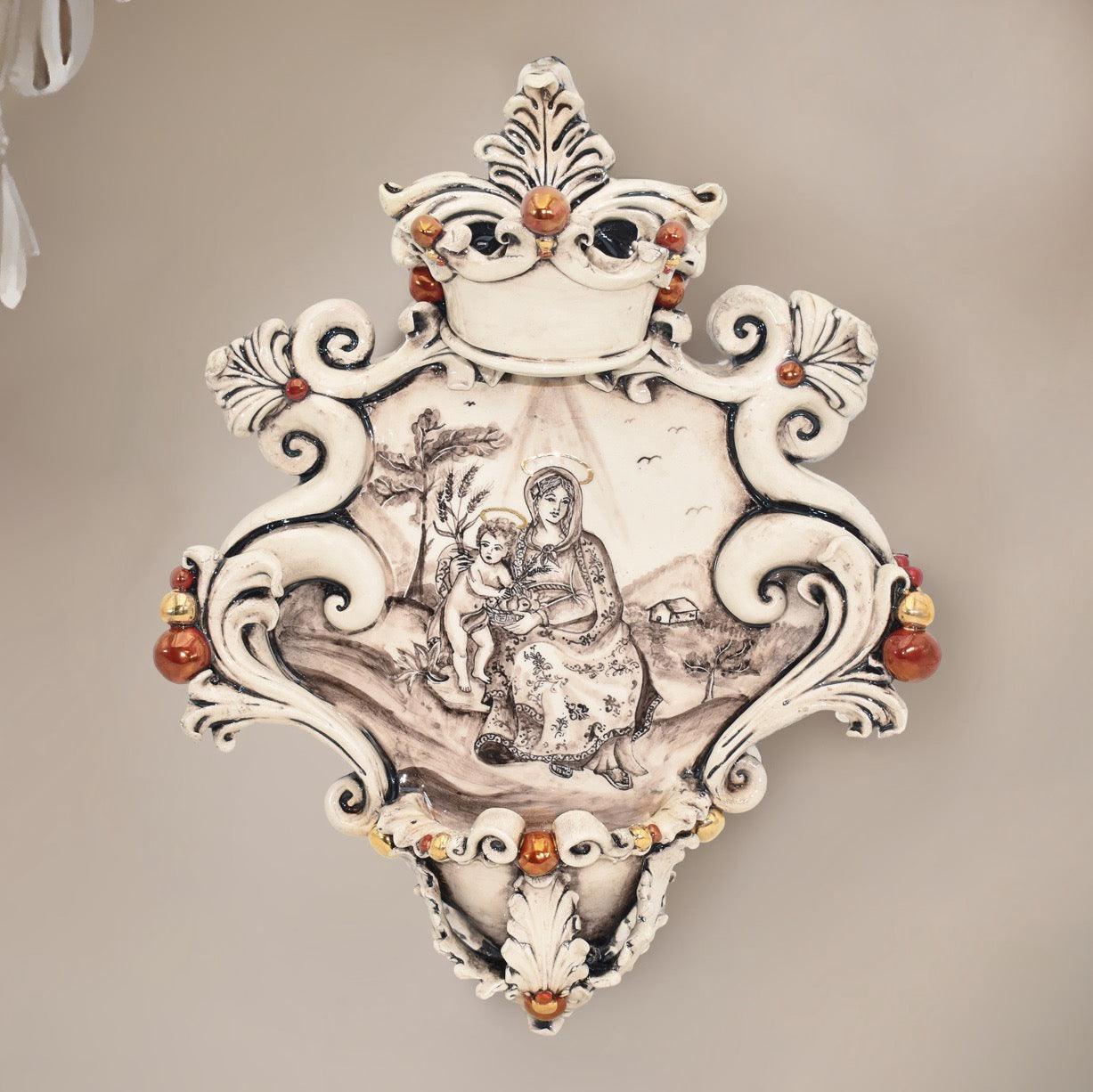 Acquasantiera grande appl 25×35 madonna valderice madreperla antichizzato oro e lustri - Serie Limitata - Ceramiche di Caltagirone Sofia