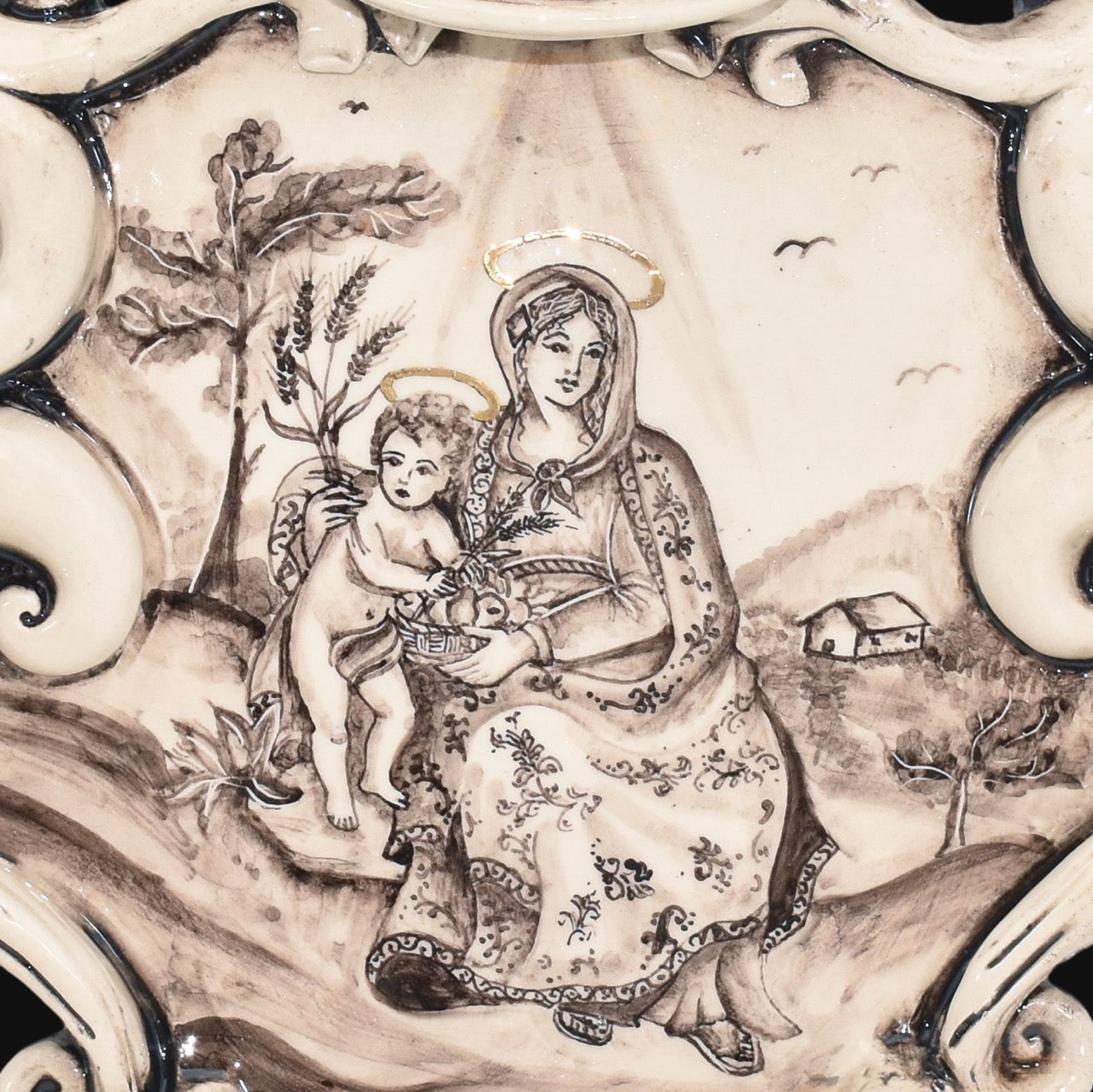Acquasantiera grande appl 25×35 madonna valderice madreperla antichizzato oro e lustri - Serie Limitata - Ceramiche di Caltagirone Sofia