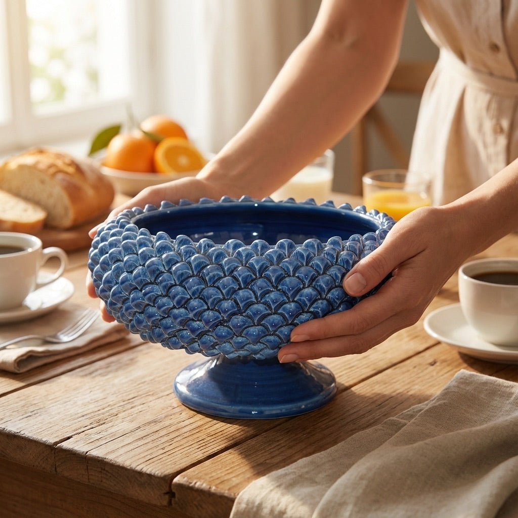 Centrotavola blu in ceramica Caltagirone fatti a mano su tavolo rustico con colazione