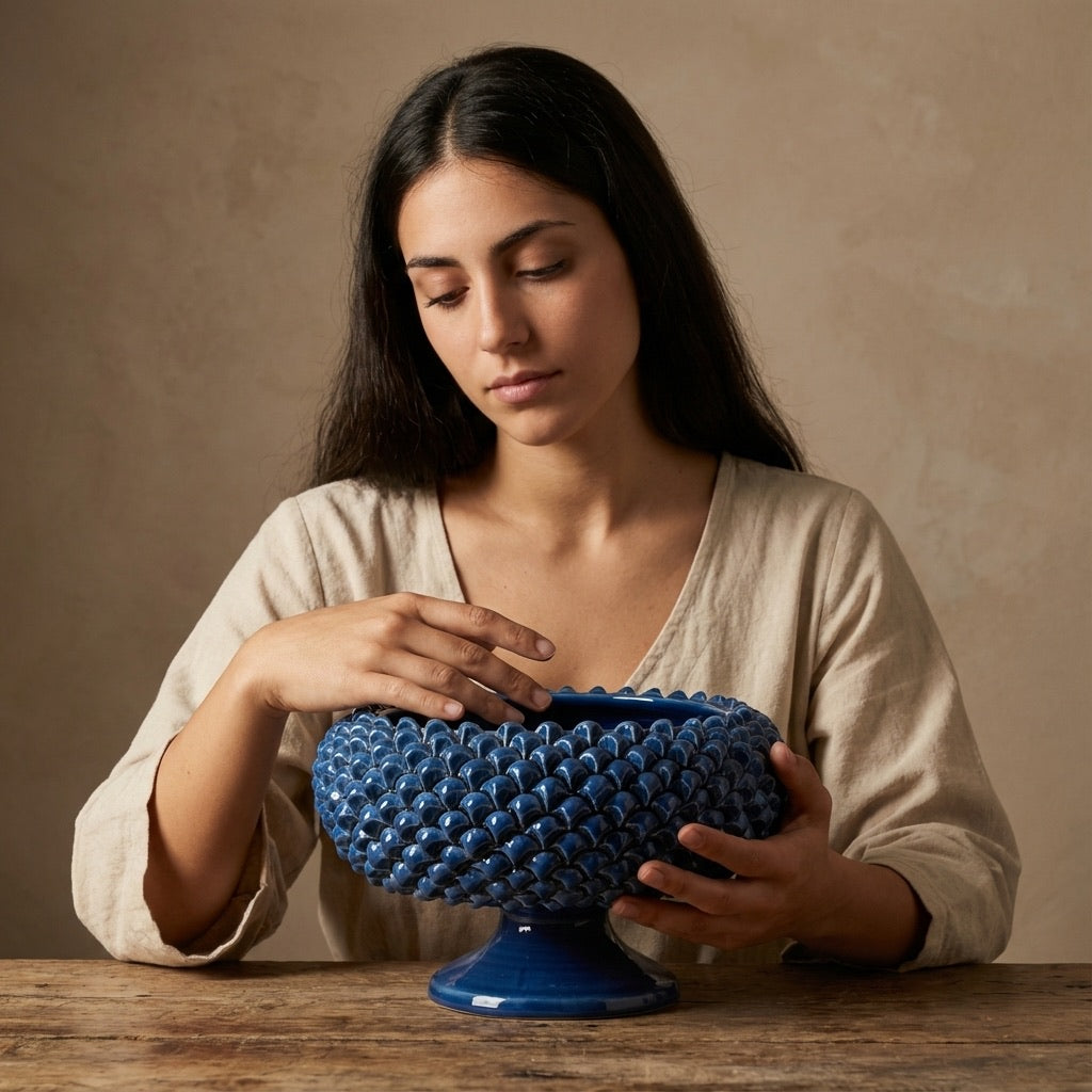 Donna con ciotola blu in ceramica di Caltagirone fatti a mano, design artigianale elegante.