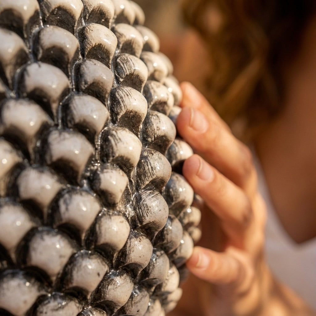 Vaso mezza pigna s/piede madreperla antichizzato in ceramica di Caltagirone