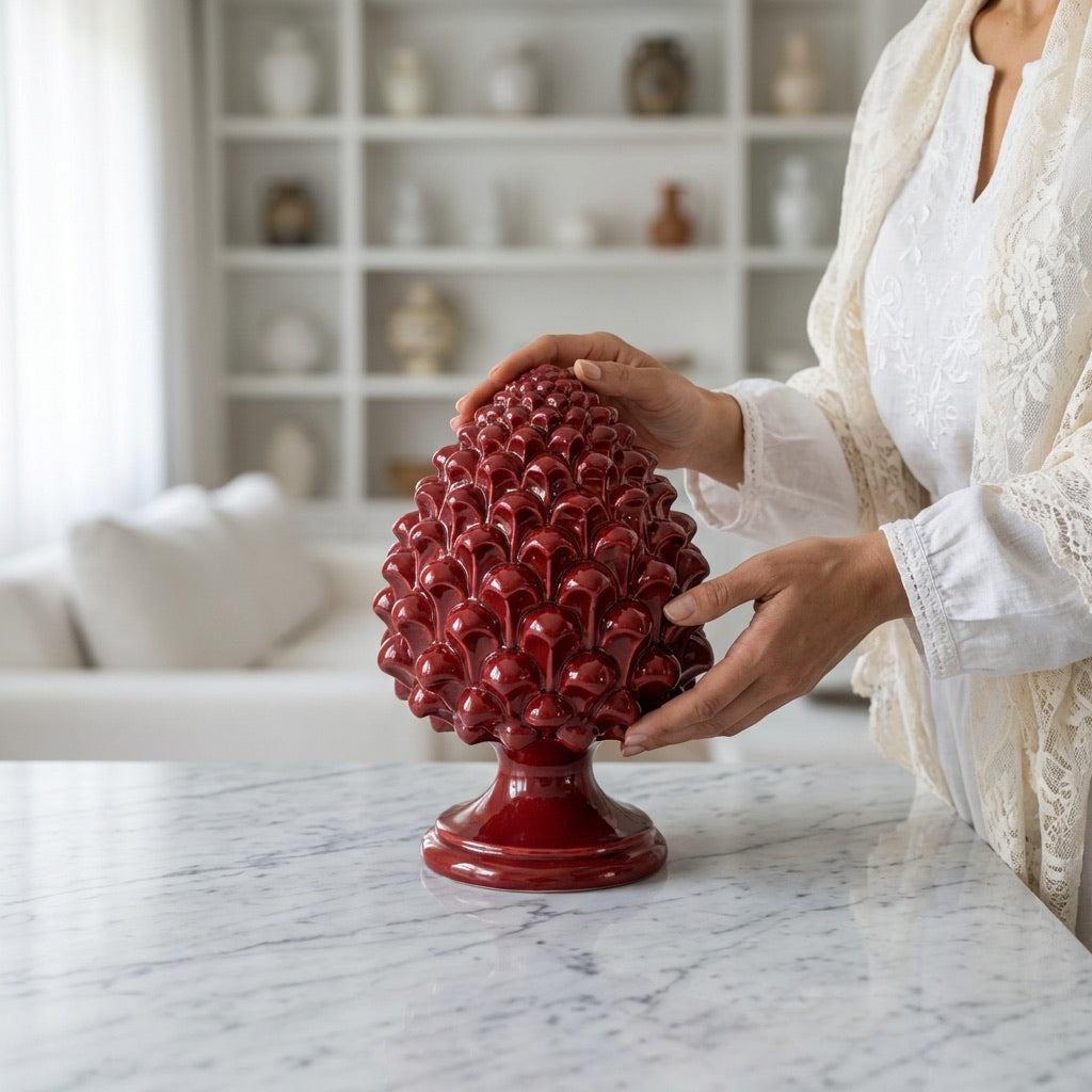 Caltagirone handmade pinecone modeled by hand height 25/40 in integral bordeaux