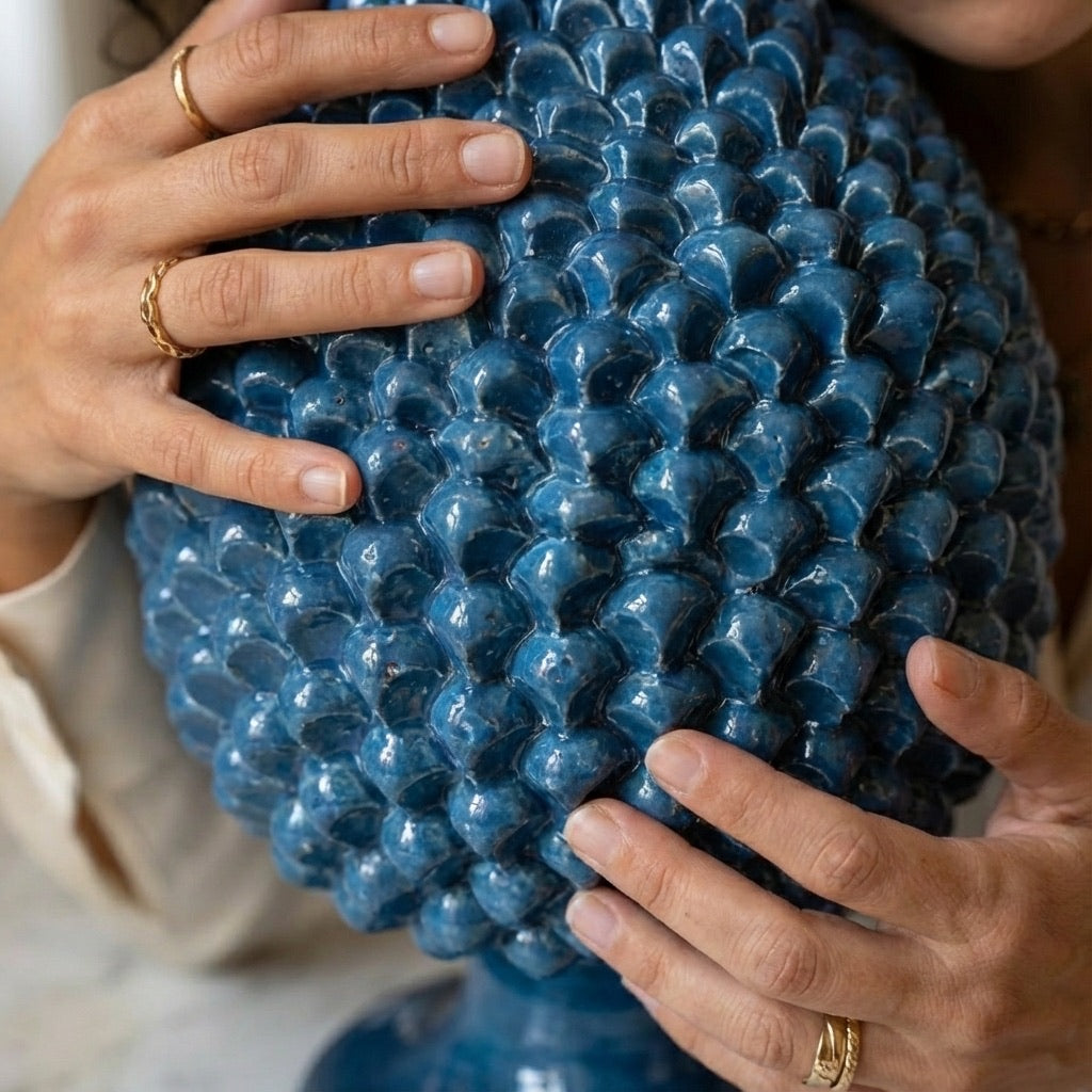 Caltagirone handmade pinecone modeled by hand height 25/40 in integral blue
