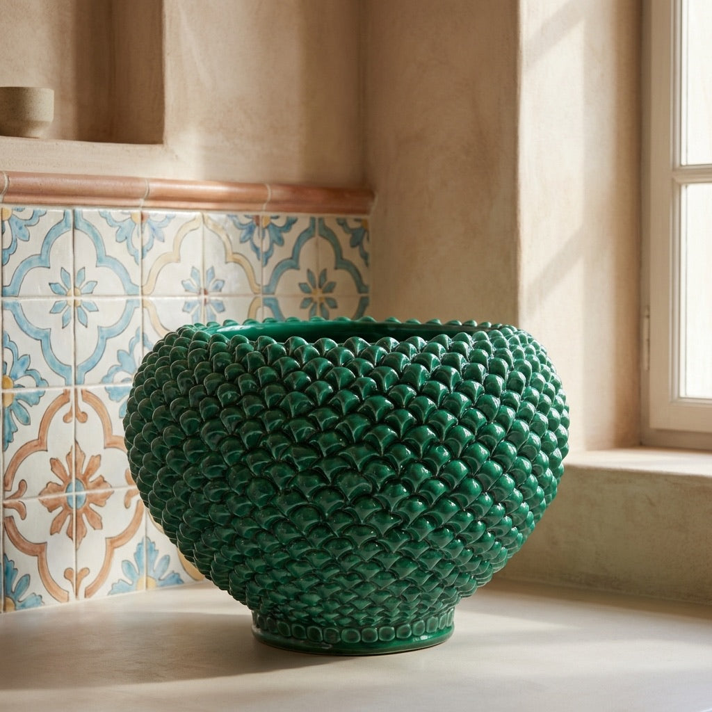 Cachepot a pigna Verde Smeraldo in ceramica artigianale di Caltagirone - Ceramiche di Caltagirone Sofia