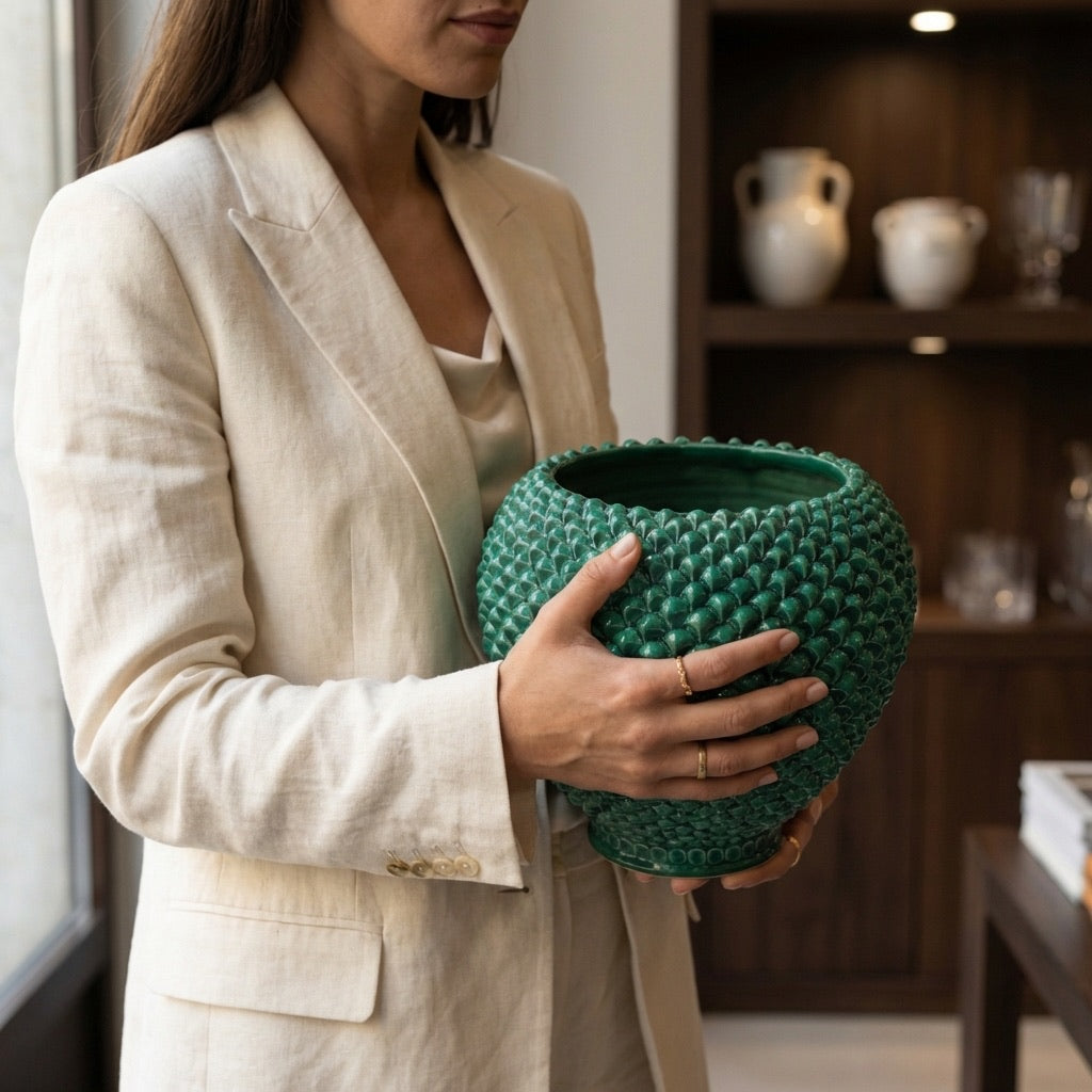 Cachepot a pigna Verde Smeraldo in ceramica artigianale di Caltagirone - Ceramiche di Caltagirone Sofia