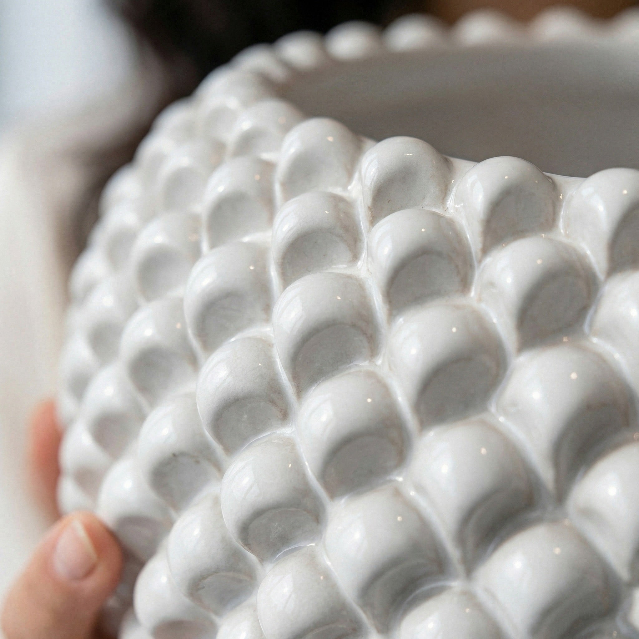 White line pine cone cachepot in handcrafted ceramic from Caltagirone