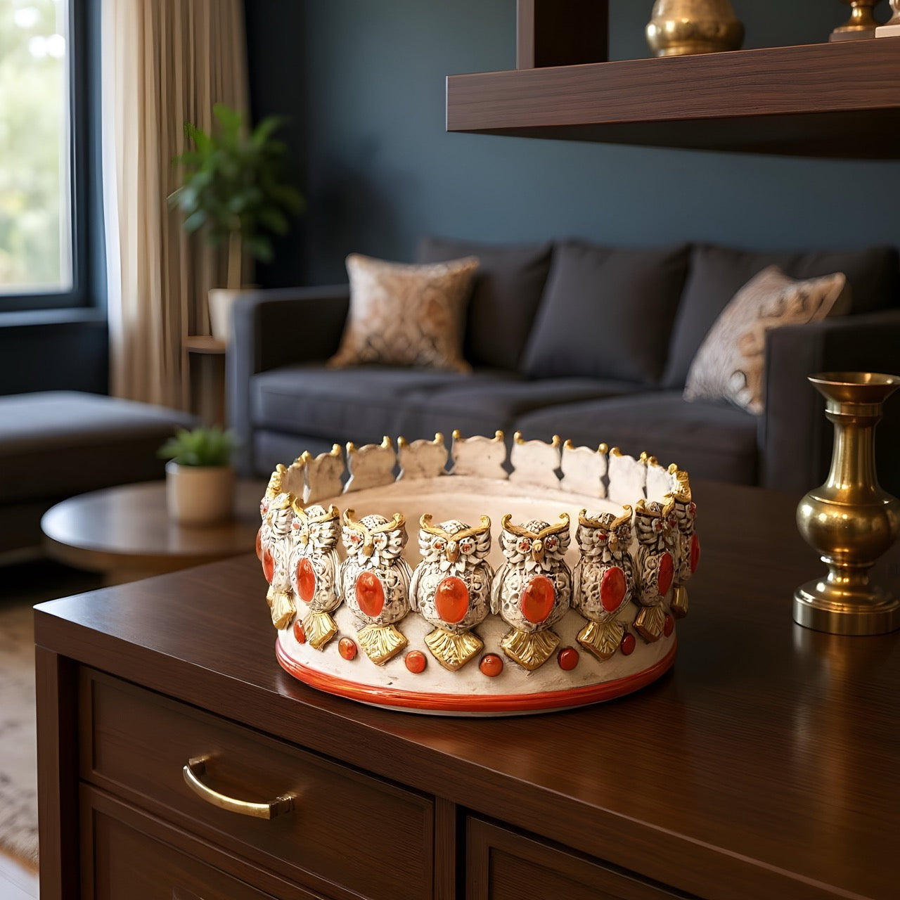 Centrotavola Ø 22 con Gufi in Rilievo - Madreperla Oro e Lustri - Ceramiche di Caltagirone Sofia