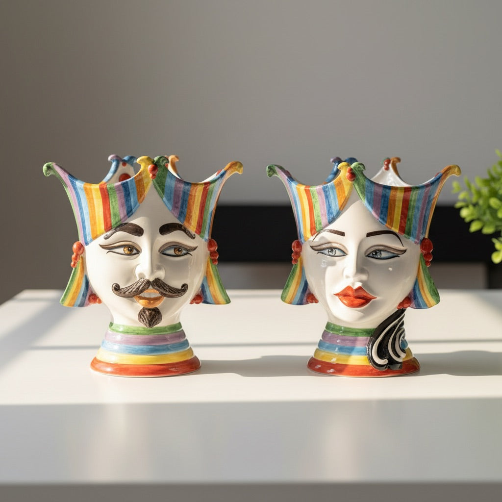 Testa di Moro "Aisha" 25 cm White and Color - Viso Uomo in Ceramica Siciliana