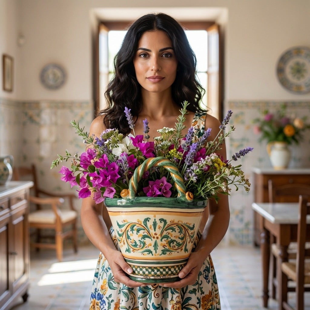 Coffa H 25 in Ceramica di Caltagirone, Linea Verde e Arancio - Ceramiche di Caltagirone Sofia