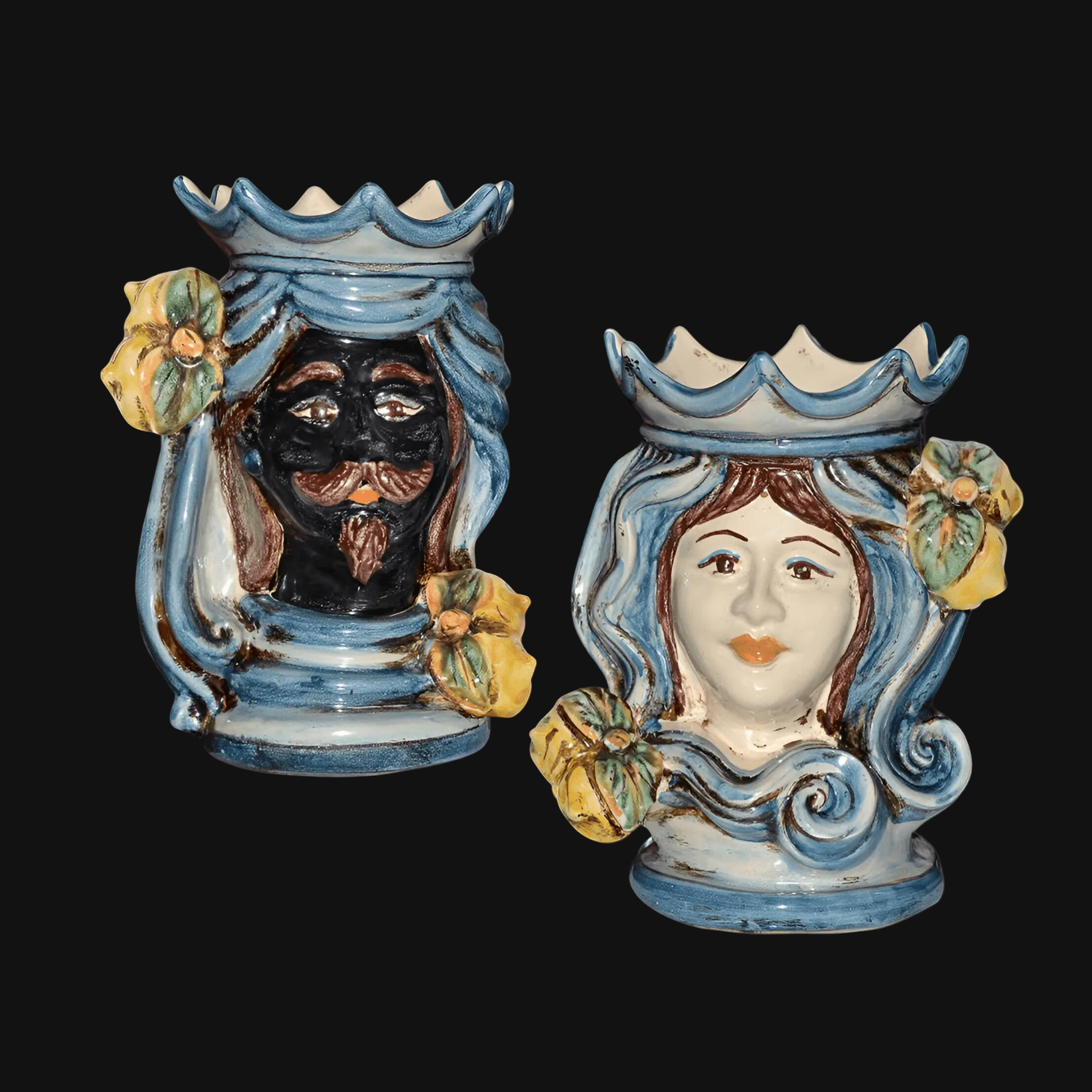 Coppia di Teste di Moro H 15 Mono Blu - Maschio Moro, Ceramiche di Caltagirone - Ceramiche di Caltagirone Sofia