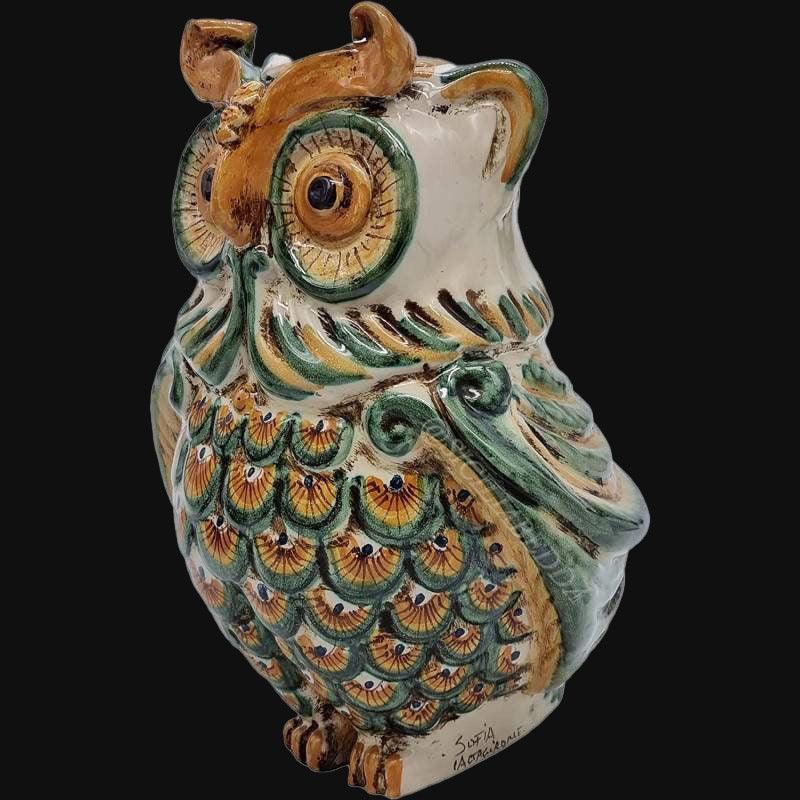 Gufo in ceramica di Caltagirone Sofia, verde e arancio, ceramiche caltagirone fatti a mano