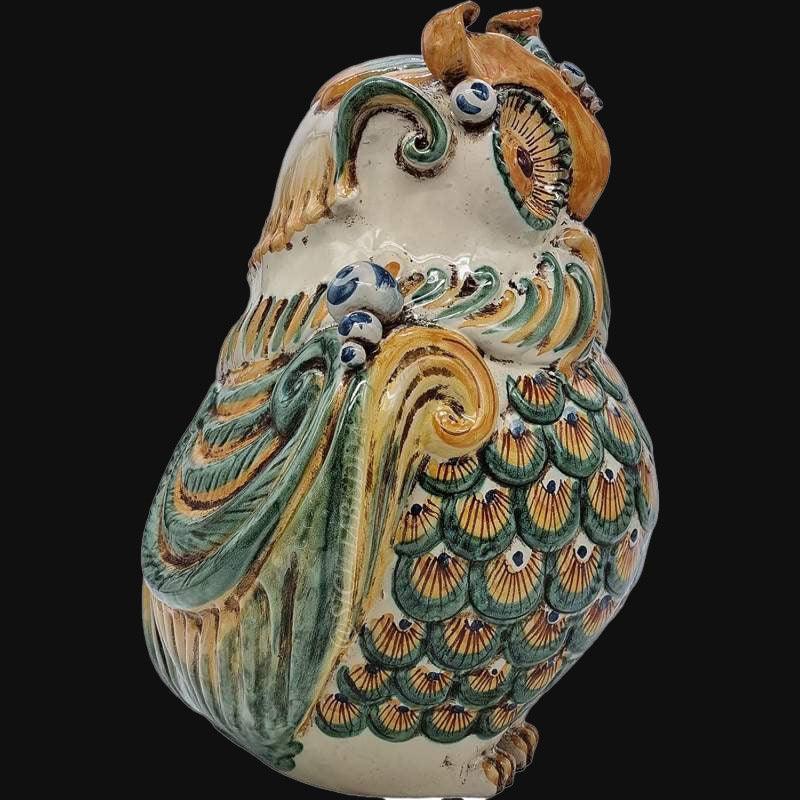 Gufo in ceramica caltagirone fatti a mano, colori verde e arancio, Ceramiche di Caltagirone Sofia