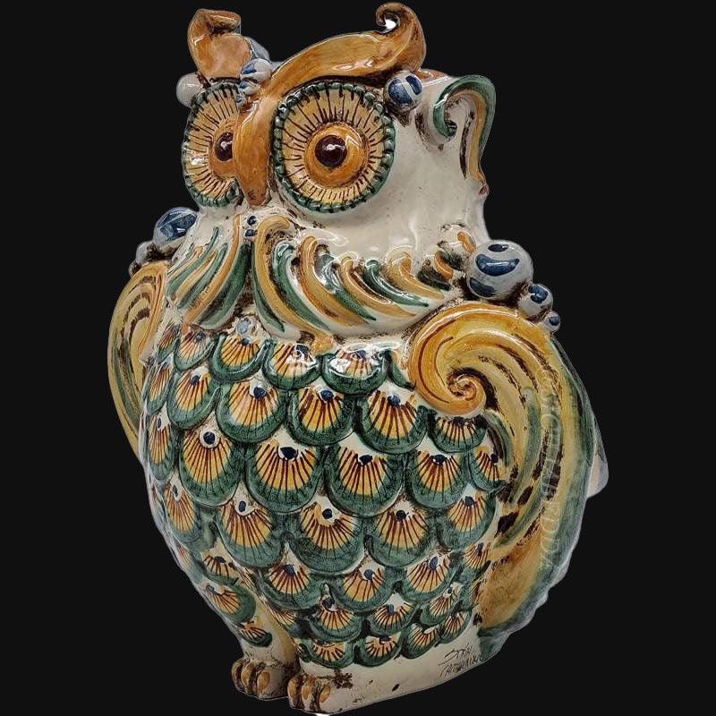 Gufo h 30 verde/arancio - Animali in ceramica - Ceramiche di Caltagirone Sofia