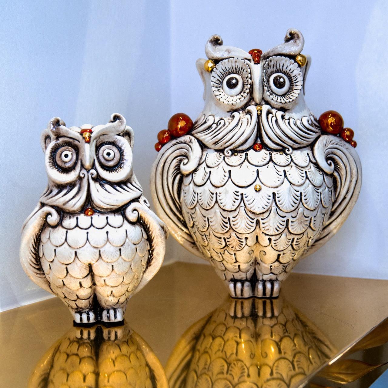 Gufo in ceramica h 30 madreperla antichizzato oro e lustri - Ceramiche di Caltagirone Sofia