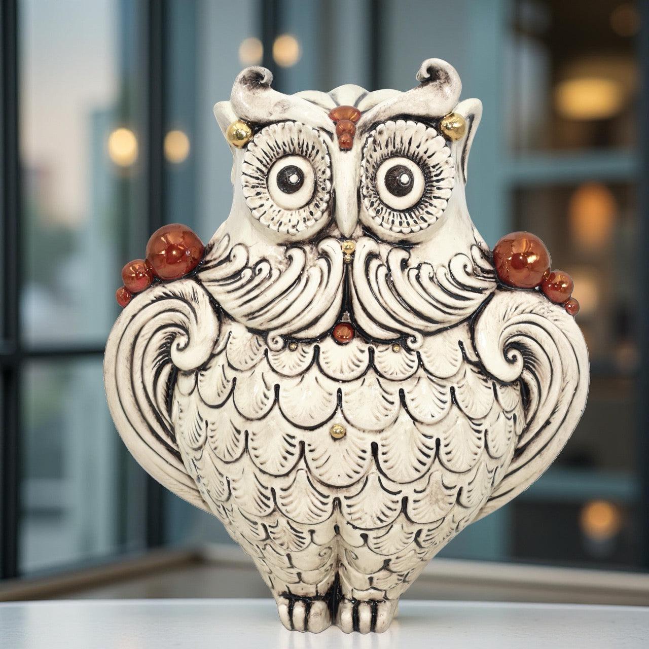 Gufo in ceramica h 30 madreperla antichizzato oro e lustri - Ceramiche di Caltagirone Sofia