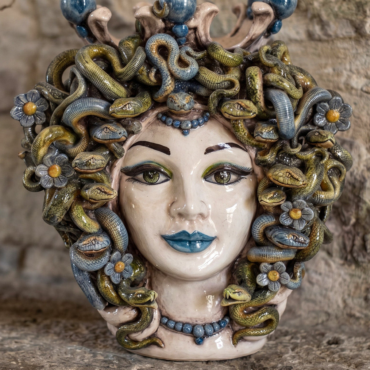 Medusa Head Vase with Blue Beads H 38 cm / 15", Antique Mother of Pearl – Testa di Moro from Caltagirone, Sicily