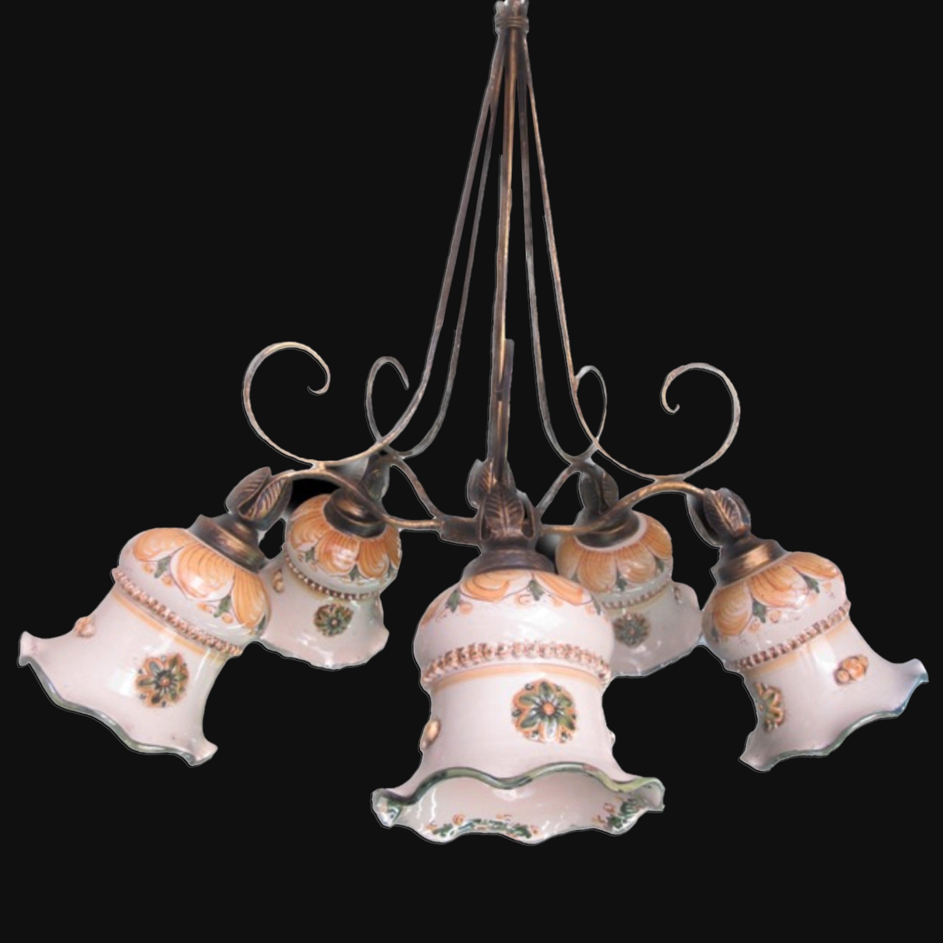 Lampadario Ø 50 ferro battuto c/compette da Ø 16, verde/arancio - Ceramiche di Caltagirone Sofia