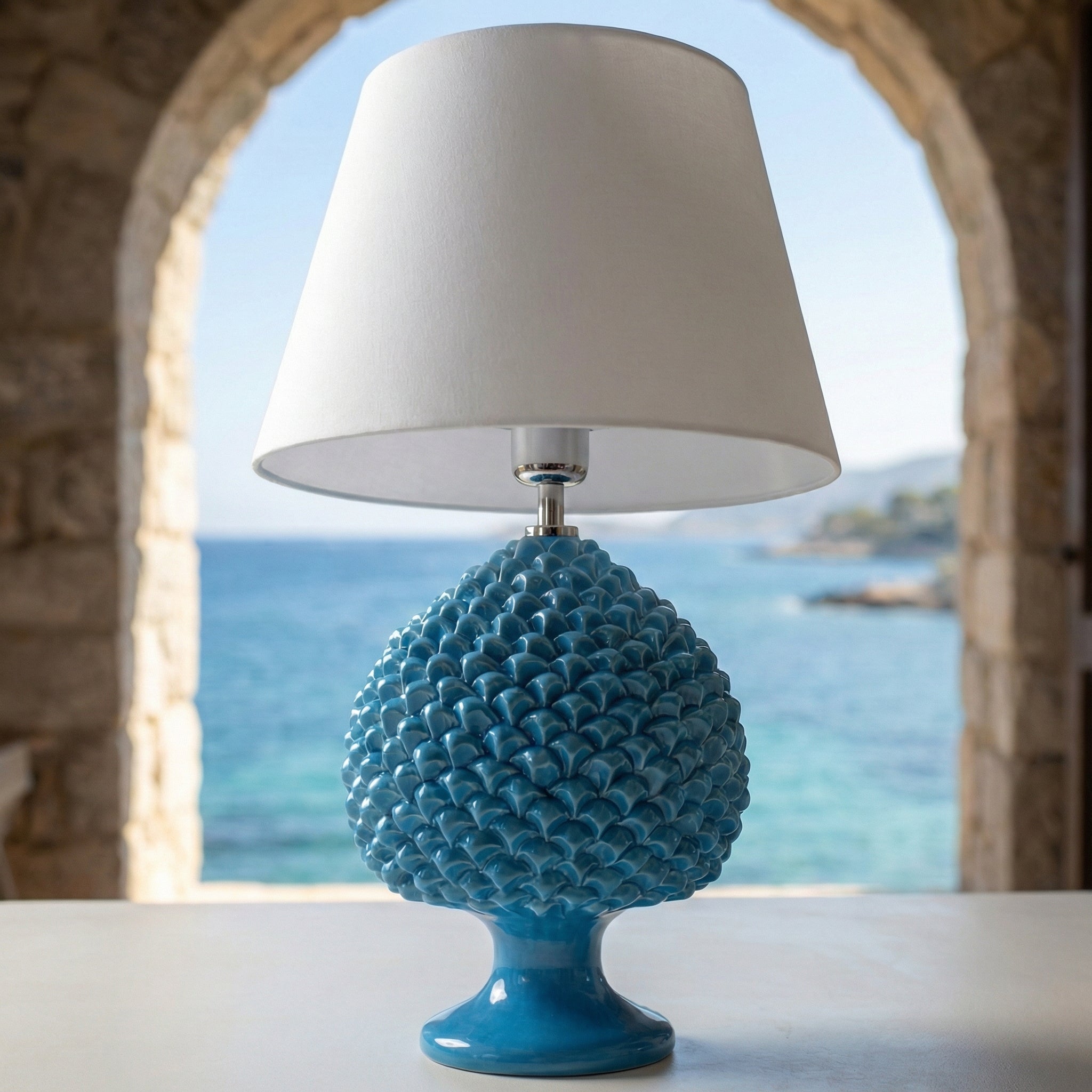 Sicilian Pine Cone Lamp, Turquoise – Sicilian ceramic lamp handcrafted in Caltagirone