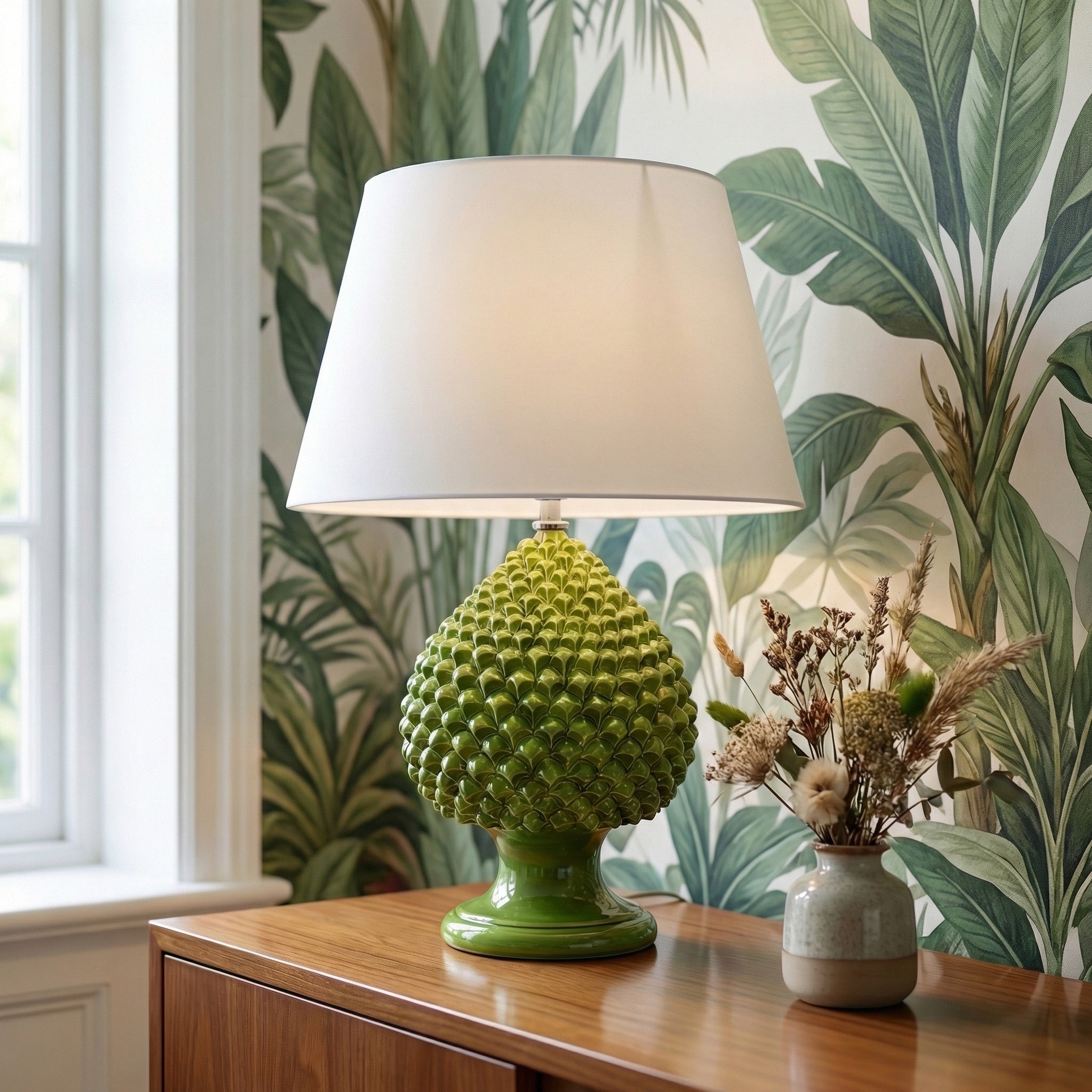 Sicilian Pine Cone Lamp, Leaf Green – Italian ceramic from Caltagirone, Sicily