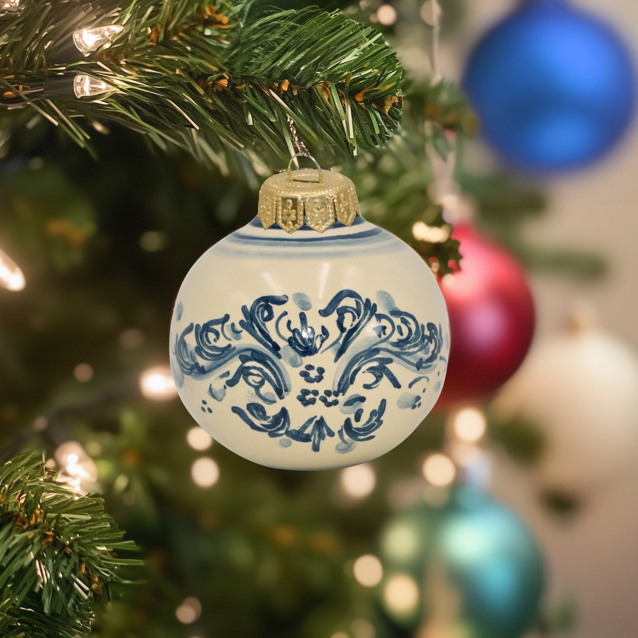 Pallina natalizia Ø 8 s. d'arte mono blu - Natale a Caltagirone - Ceramiche di Caltagirone Sofia