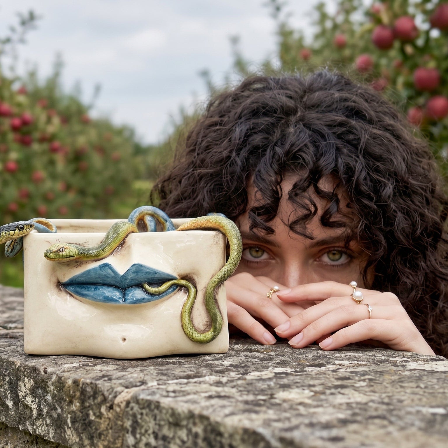 Caltagirone Ceramic Medusa Box — Blue Lips and Applied Snakes, Antique Mother of Pearl