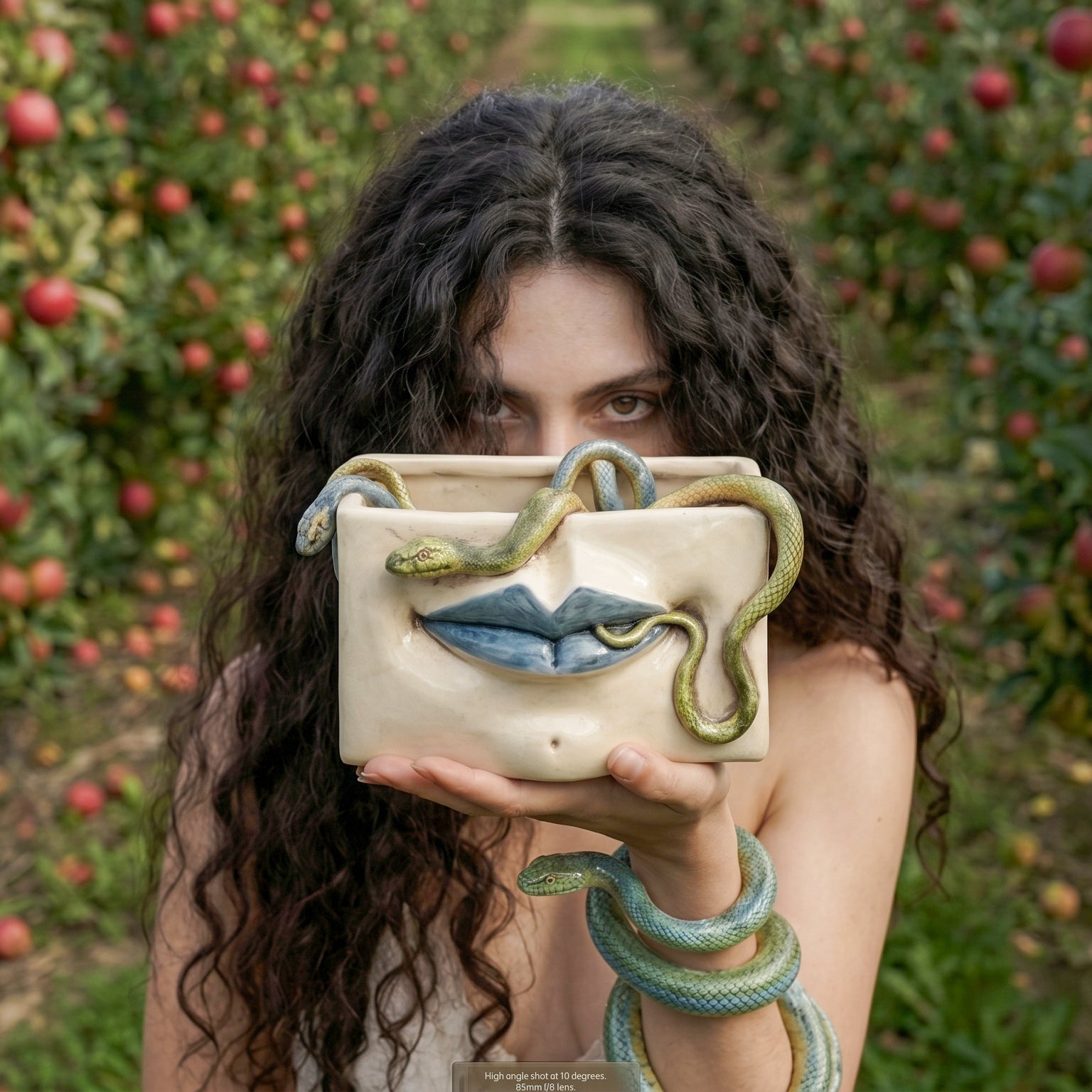 Caltagirone Ceramic Medusa Box — Blue Lips and Applied Snakes, Antique Mother of Pearl