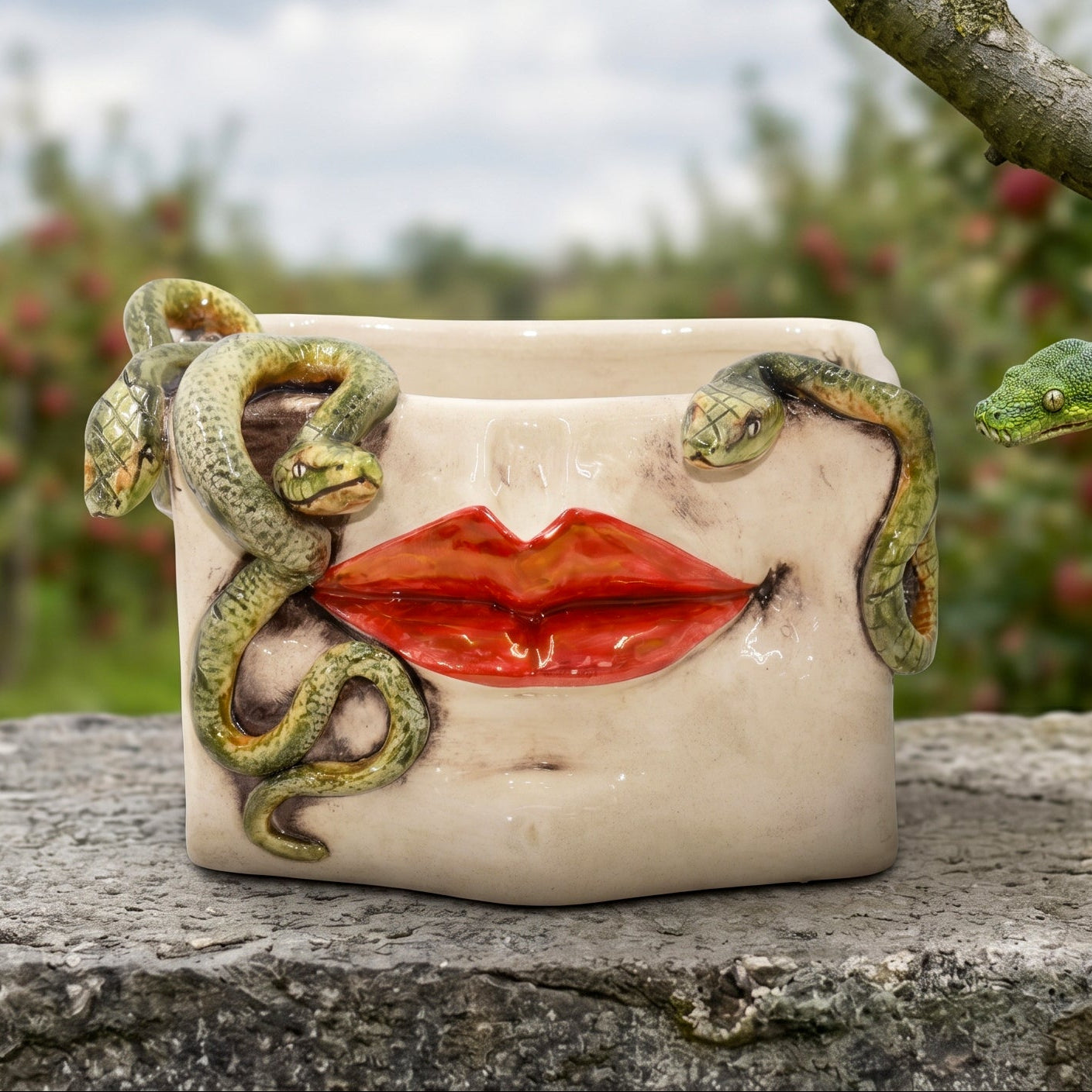 Caltagirone Ceramic Medusa Box — Gold and Lustre Lips, Applied Snakes, Antique Mother of Pearl